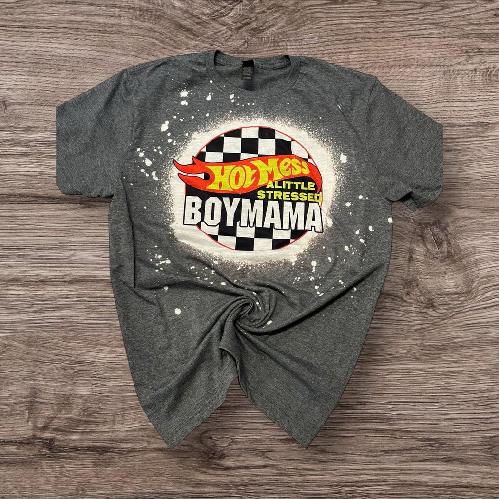 Hot Mess - Little Stressed Mom Shirt - Bleached Mom Shirt - Mom of Boys Shirt - Boy Mama - Motherhood Shirt - Race Car Mom Shirt
