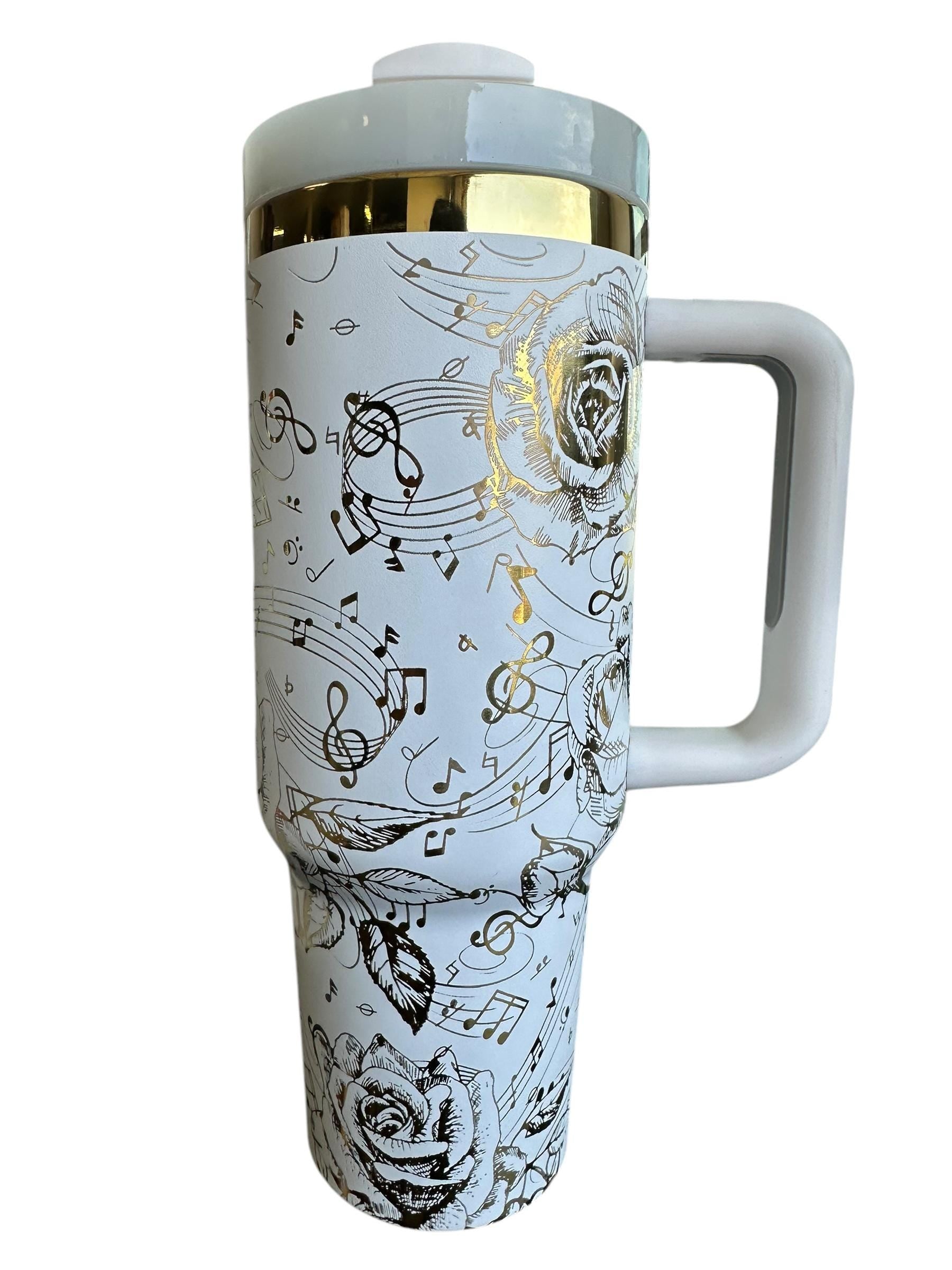 Music Tumbler - 40oz tumbler, Music Note Engraved Tumbler- Musician- Song Writer Pianist Floral tumbler, Flower tumbler, Custom 40oz tumbler