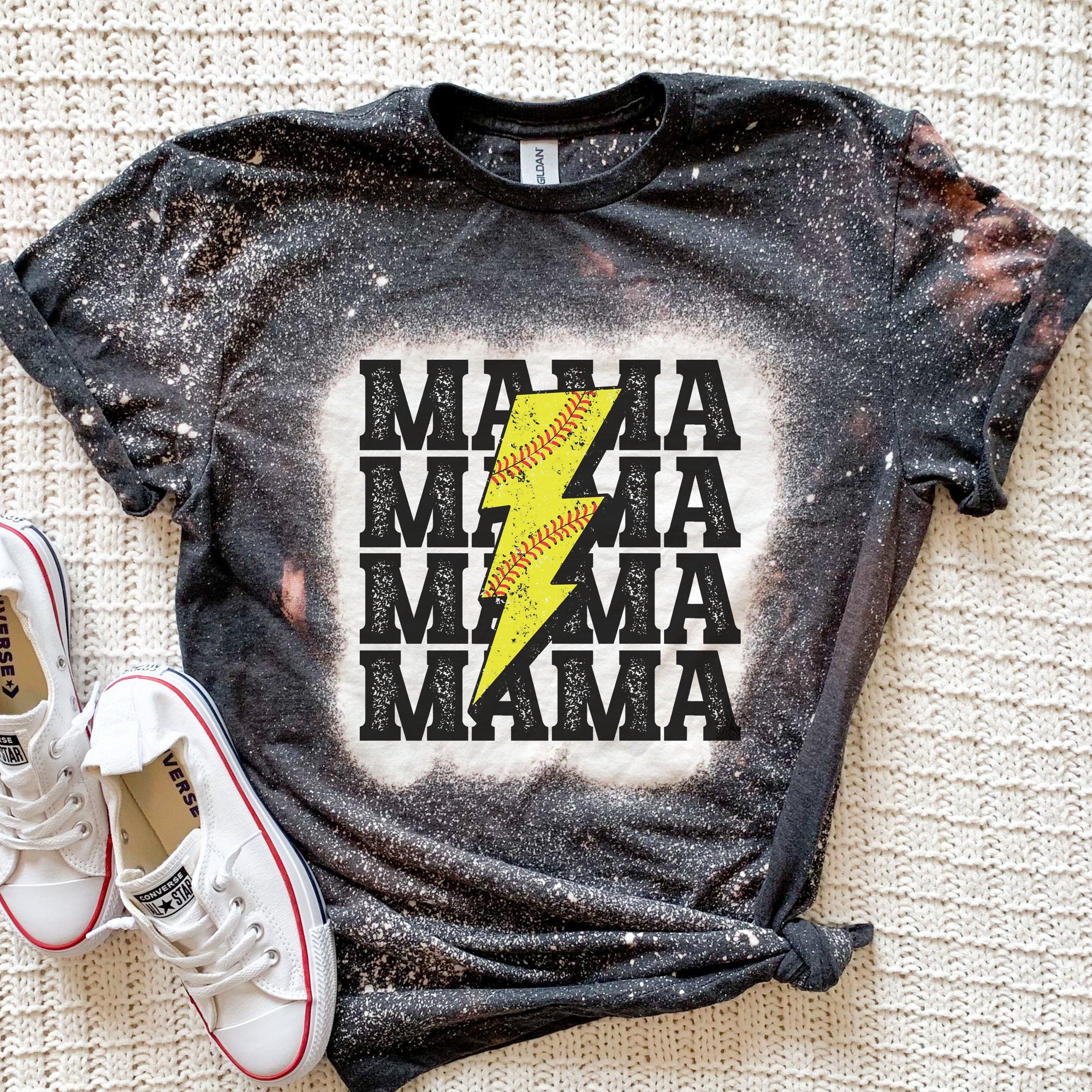 Retro Lightning Softball Mama T-Shirt - Mama Of Both - Bleached Baseball T-Shirt - Softball Mama Shirt - Softball Mom Shirt - Softball Mama