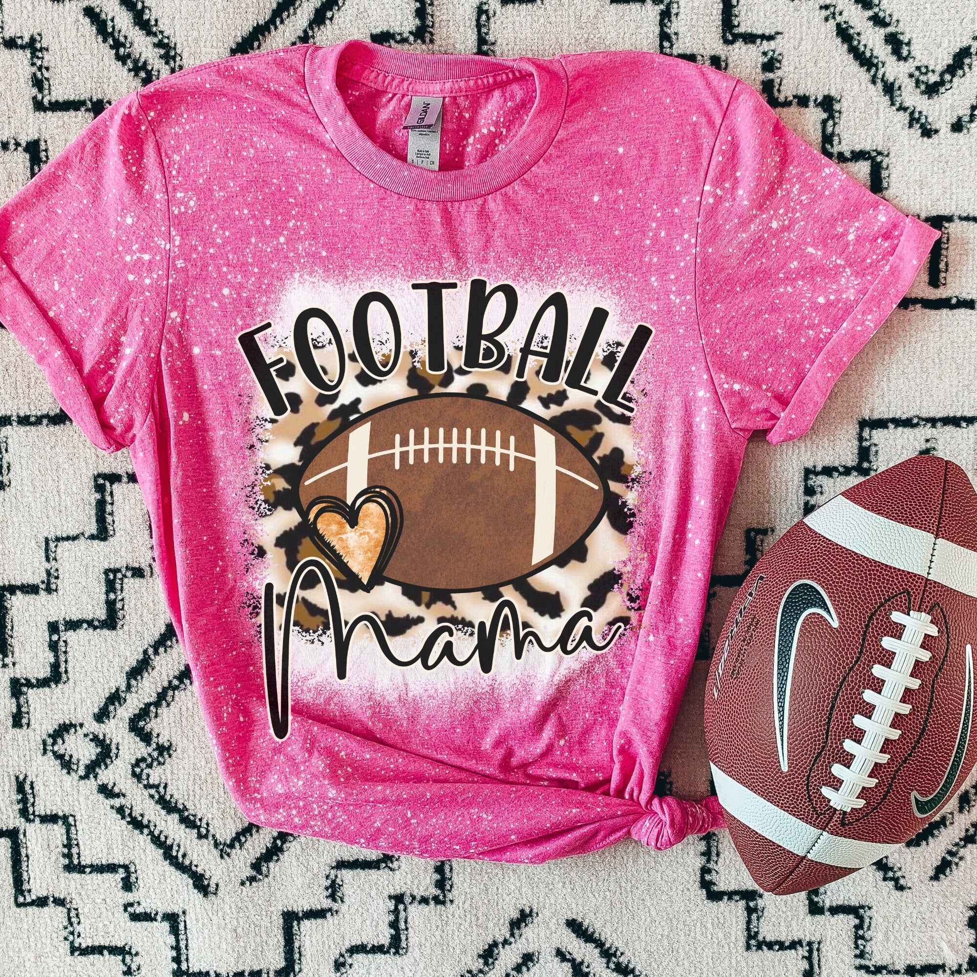 Football mama Heart Shirt - Cheetah Helmet Football Shirt- Bleached Sports Shirt - Leopard Football Shirt - Football Shirt - Bleached Tee