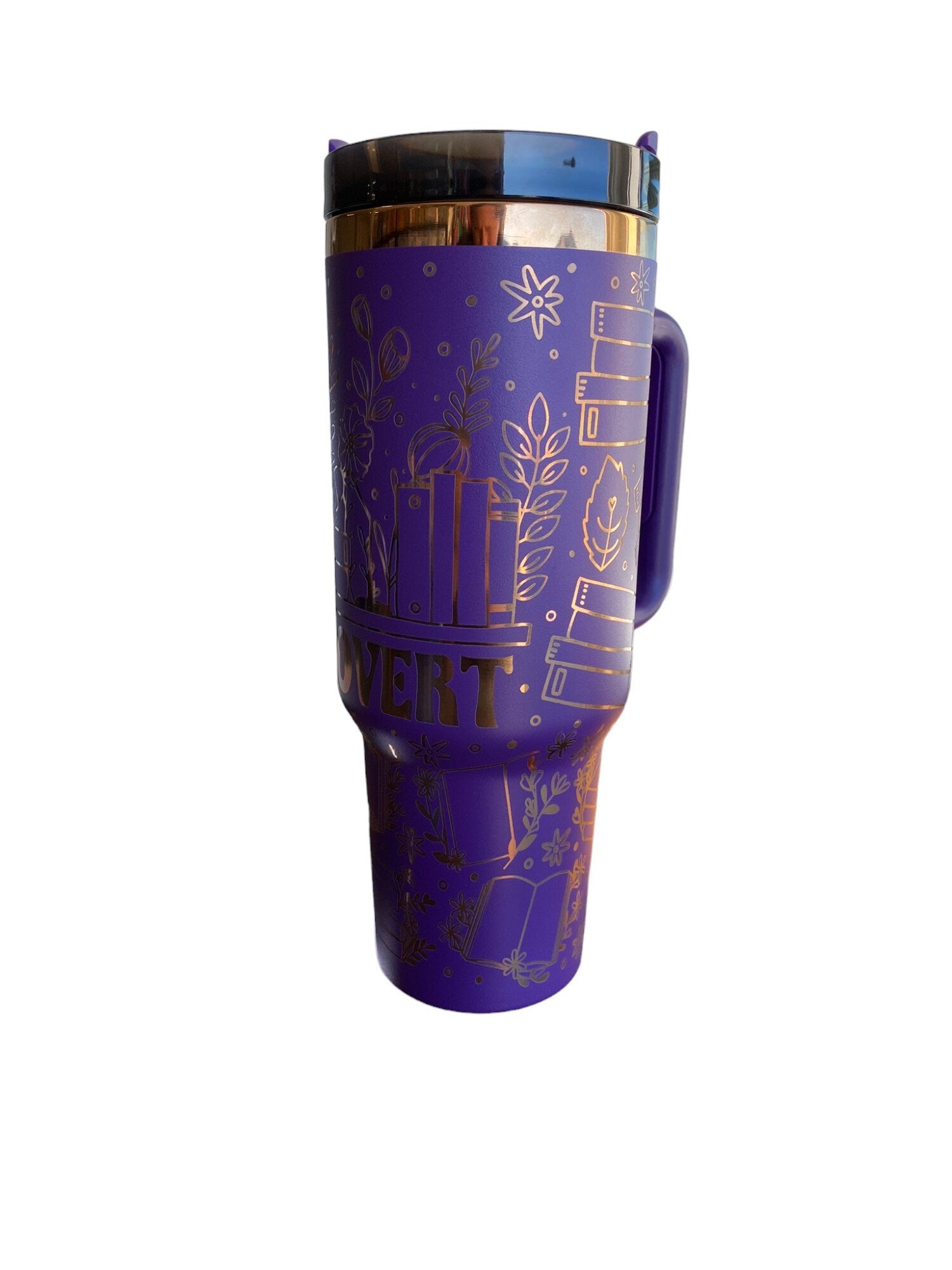 Booktrovert Engraved Cup - Custom Engraved Cup  - 40oz tumbler with handle -  Book Theme Tumbler - Gift for Reader