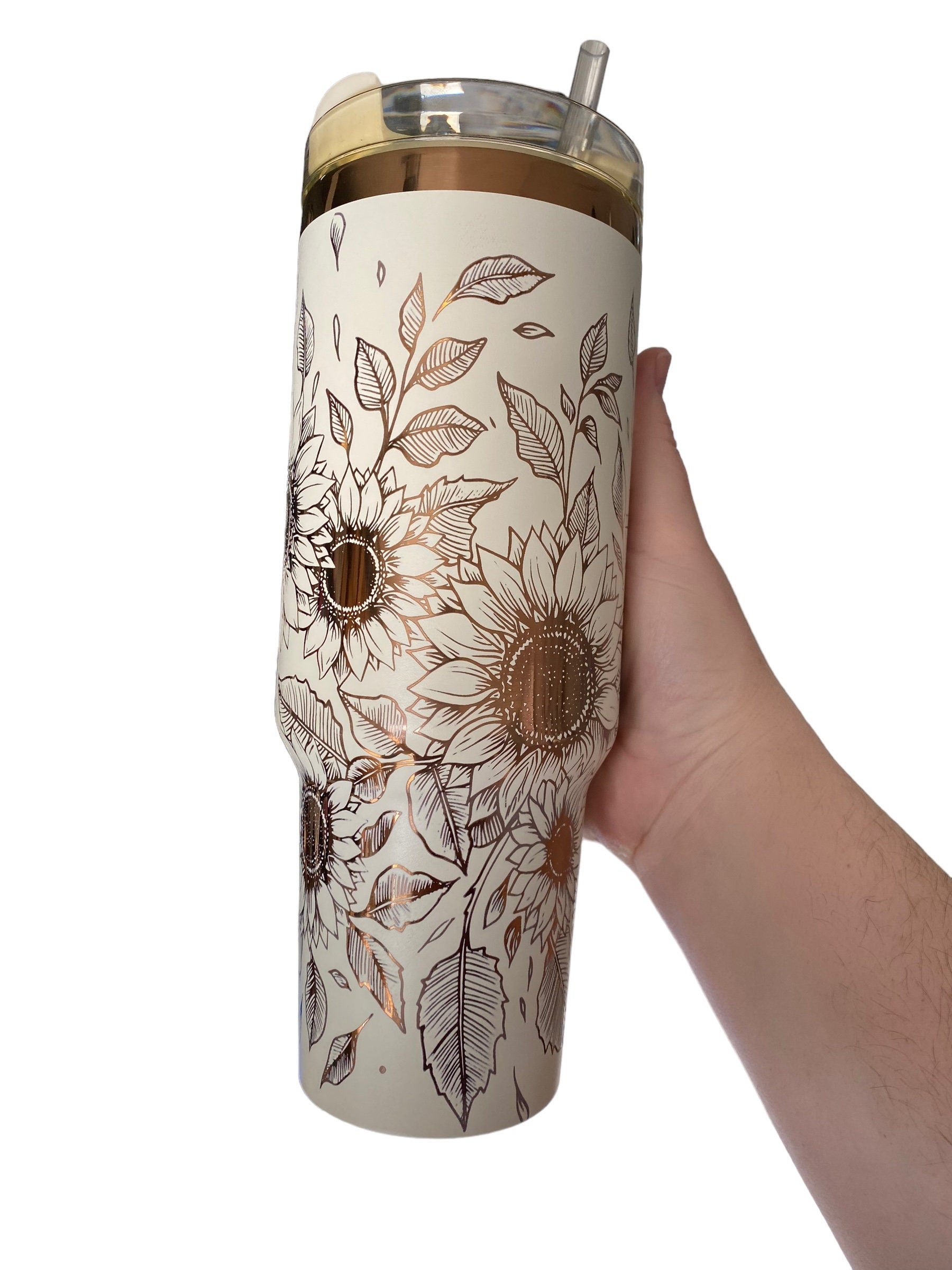 Sunflowers Engraved Tumbler  - engraved Country Tumbler - 40oz tumbler with handle - Custom Tumbler - Copper and Cream Floral Tumbler