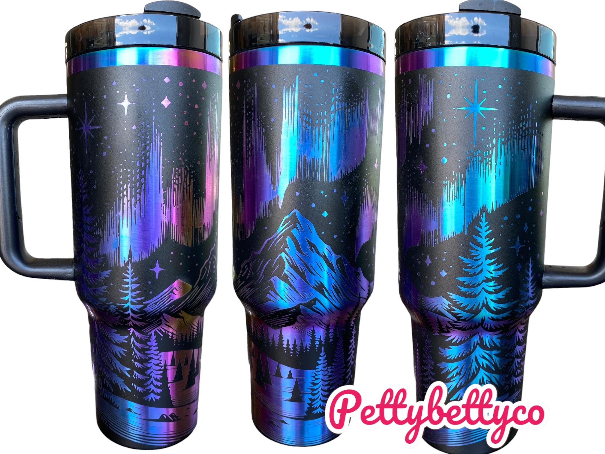 Northern Lights Tumbler - Northern Lights 40oz Iridescent Tumbler Mountain theme -Laser Engraved, Rainbow Plated - Multicolor