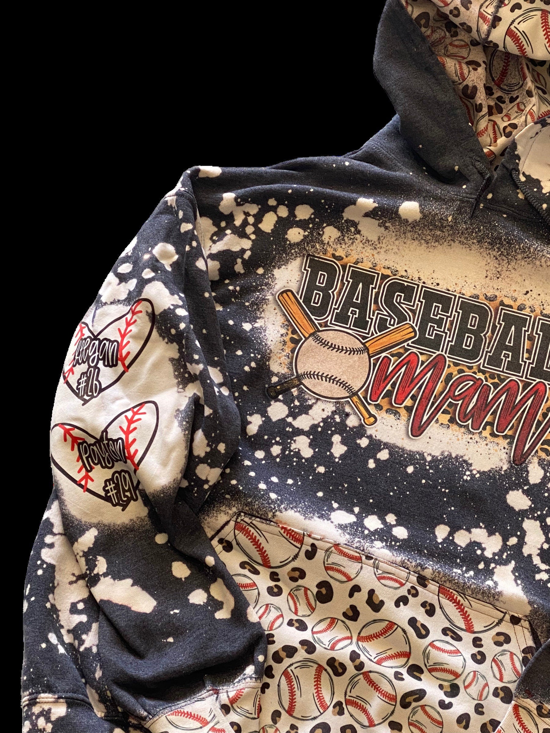 Baseball Mama Bleached Hoodie -  Custom baseball Heart with Names on Sleeve - Bleached Hoodie - Custom Hoodie - Baseball Shirt Sweatshirt