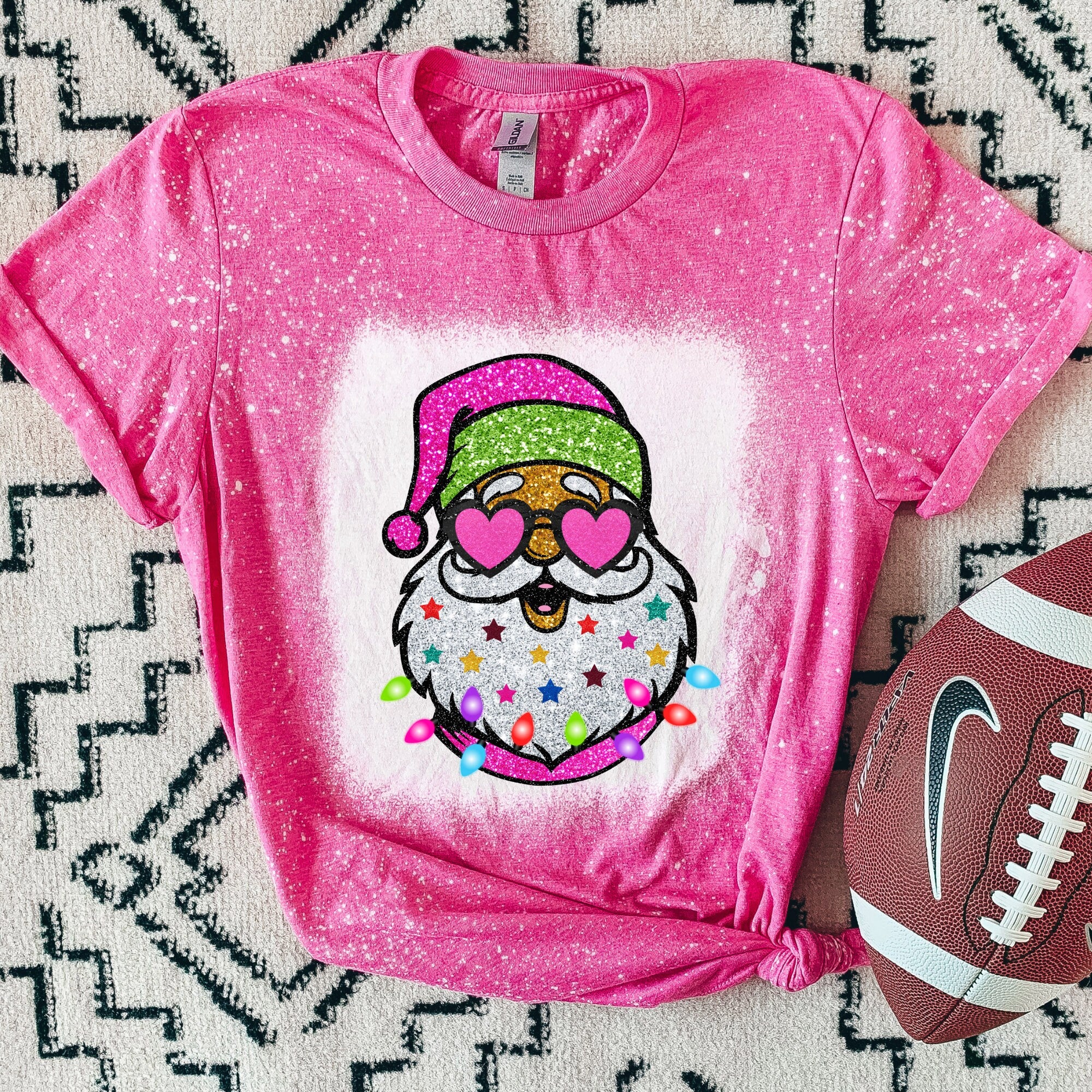 Neon Santa Shirt - Leopard Print Sleeves - Trendy Santa Shirt - Bleached santa tshirt - Pink Santa Shirt - Pink Christmas Shirt
