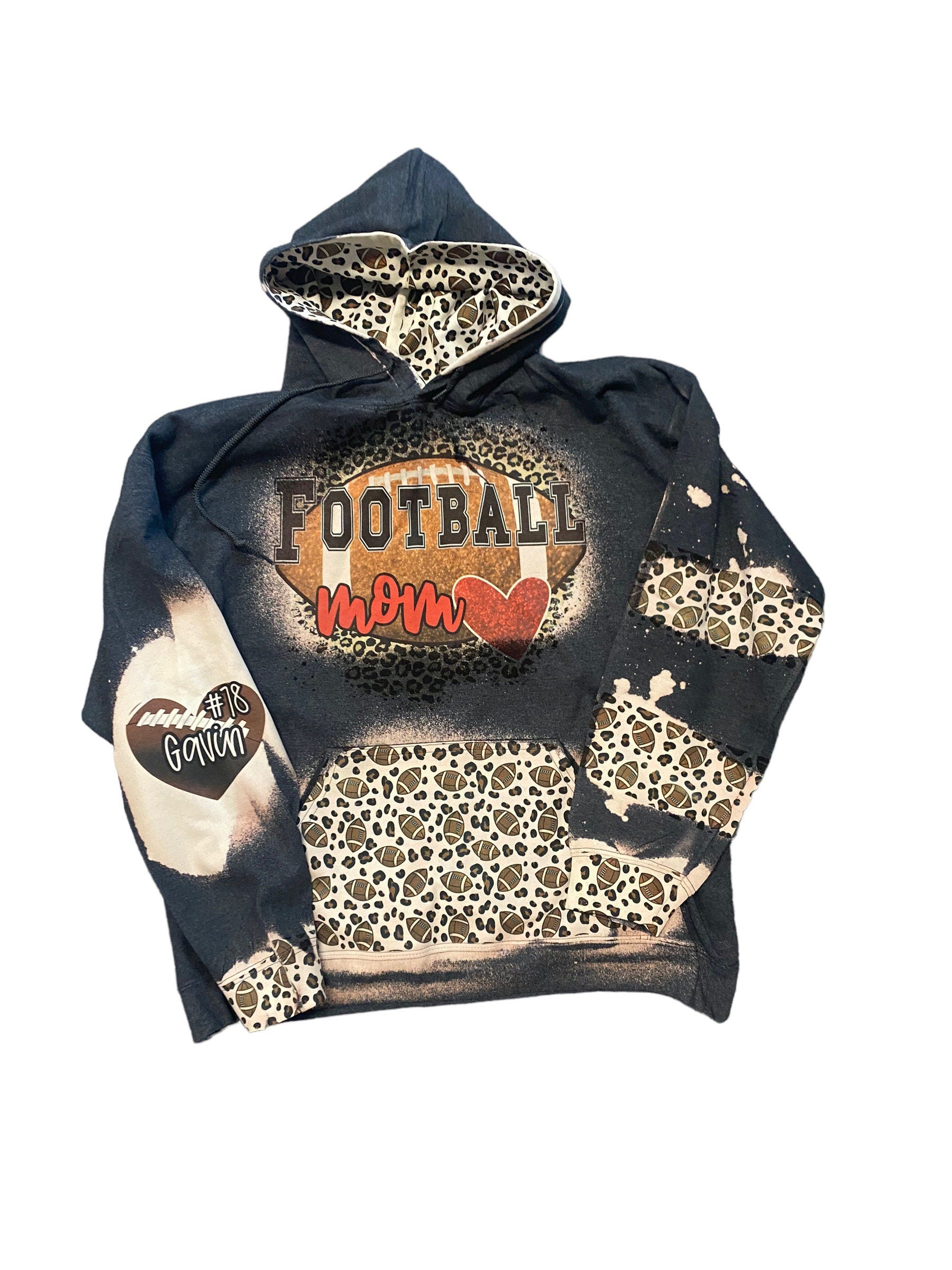 Football Mom Bleached Hoodie -  Custom Football eart with Names on Sleeve - Bleached Hoodie - Custom Hoodie - Football Shirt Sweatshirt
