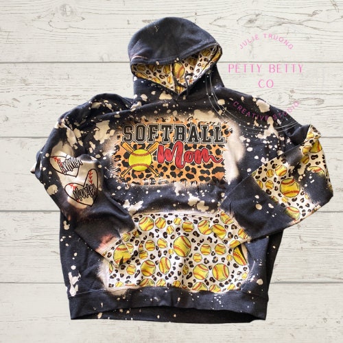 Softball Mom Bleached Hoodie -  Custom baseball Heart with Names on Sleeve - Bleached Hoodie - Custom Hoodie - Softball Shirt Sweatshirt