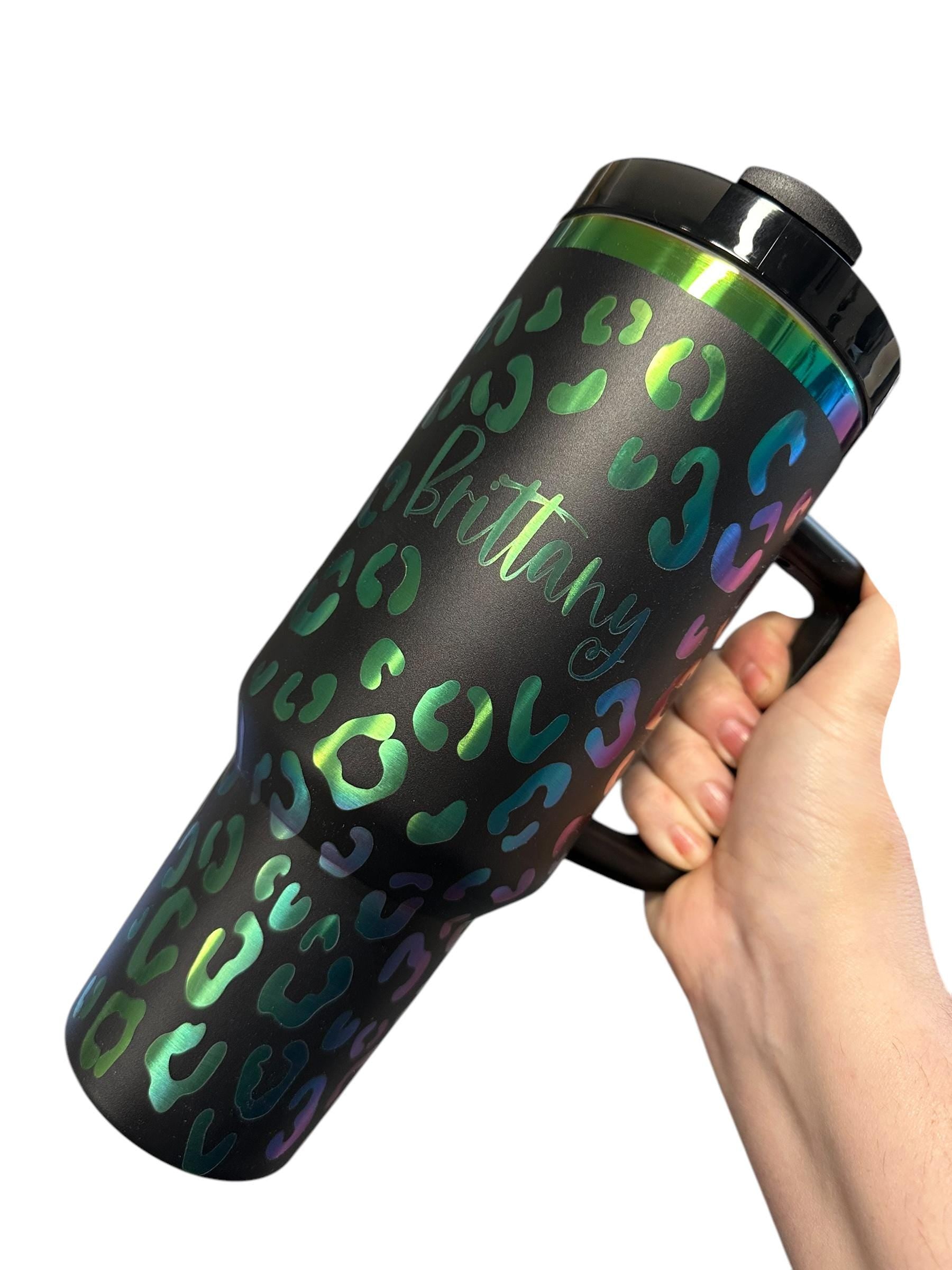 Personalized Holographic Cheetah Print Tumbler | Custom Name Rainbow Leopard Cup | Laser Engraved Travel Mug with Handle | Gift for Her