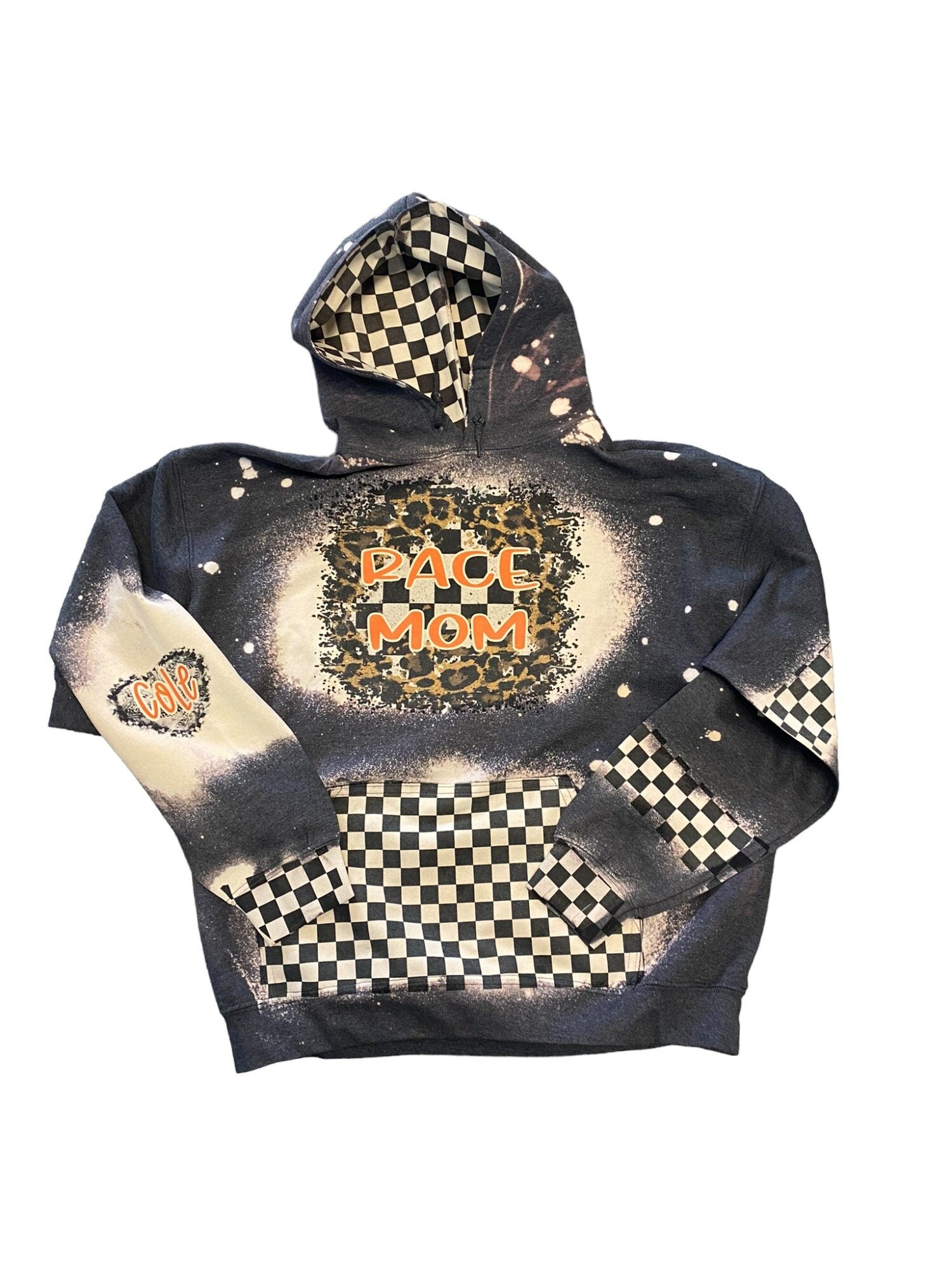 Leopard Race Mom Bleached Hoodie - Custom Color Racing hoodie Personalized number name - Car Checkered Flag Dirt Track Motocross - Dirt Bike