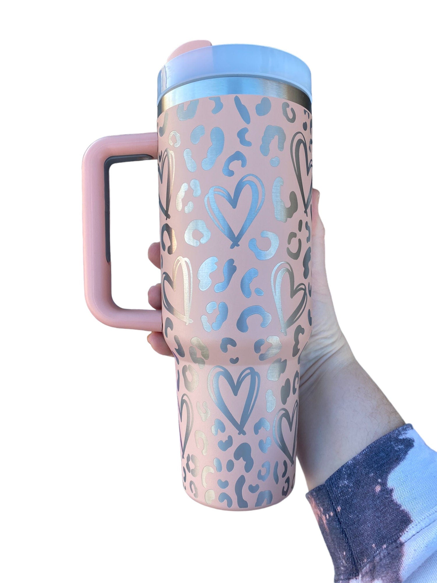 Leopard Hearts Cup - Pink Cheetah Heart Cup - Cute Hearts Tumbler - Valentine Gift - 40oz tumbler with handle