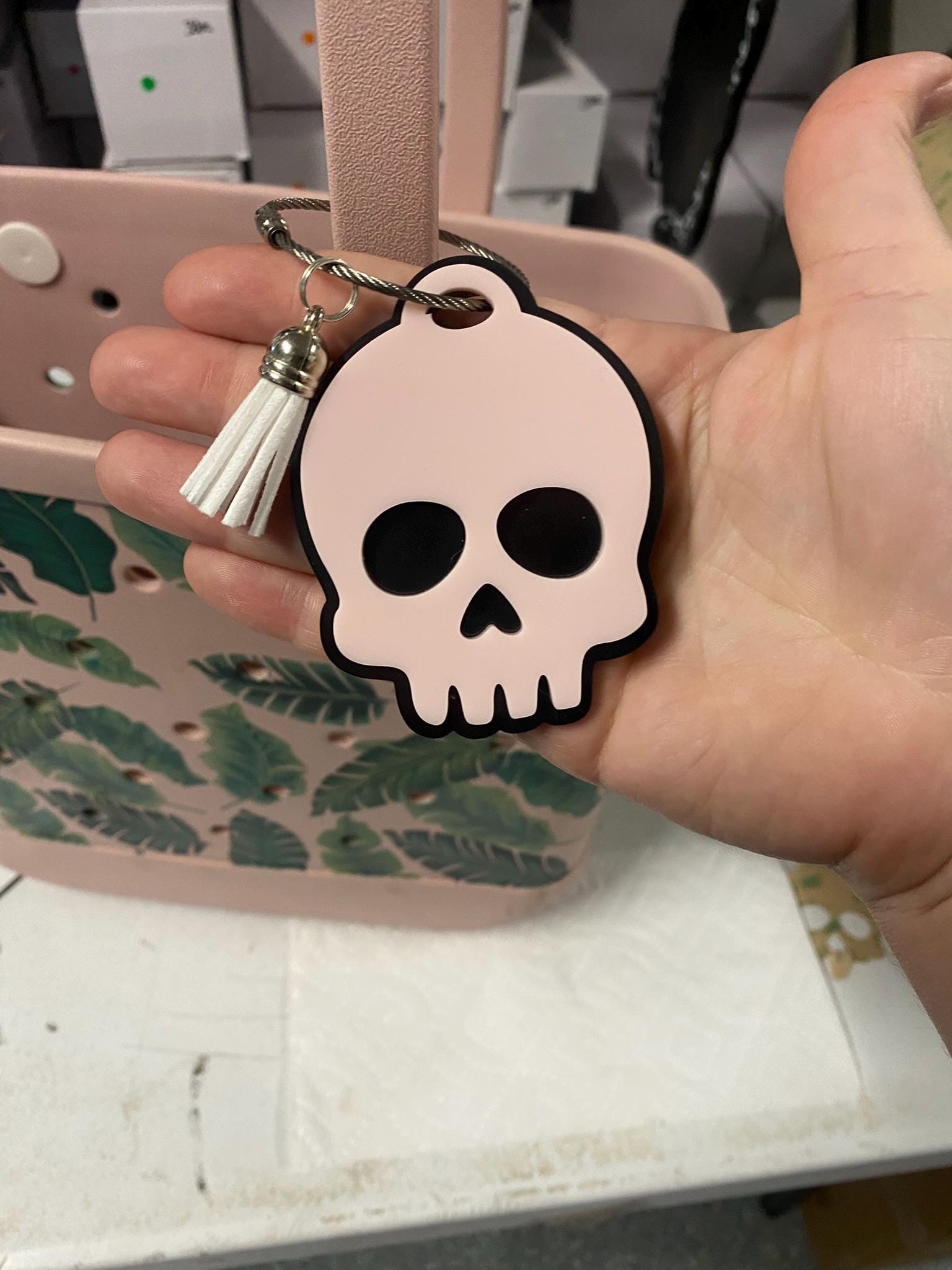 Cute Skull Acrylic Bag Tag | Pink Skull Keychain | Kawaii Gothic Bag Charm | Pastel Goth Accessory | Purse Tag | Backpack Charm