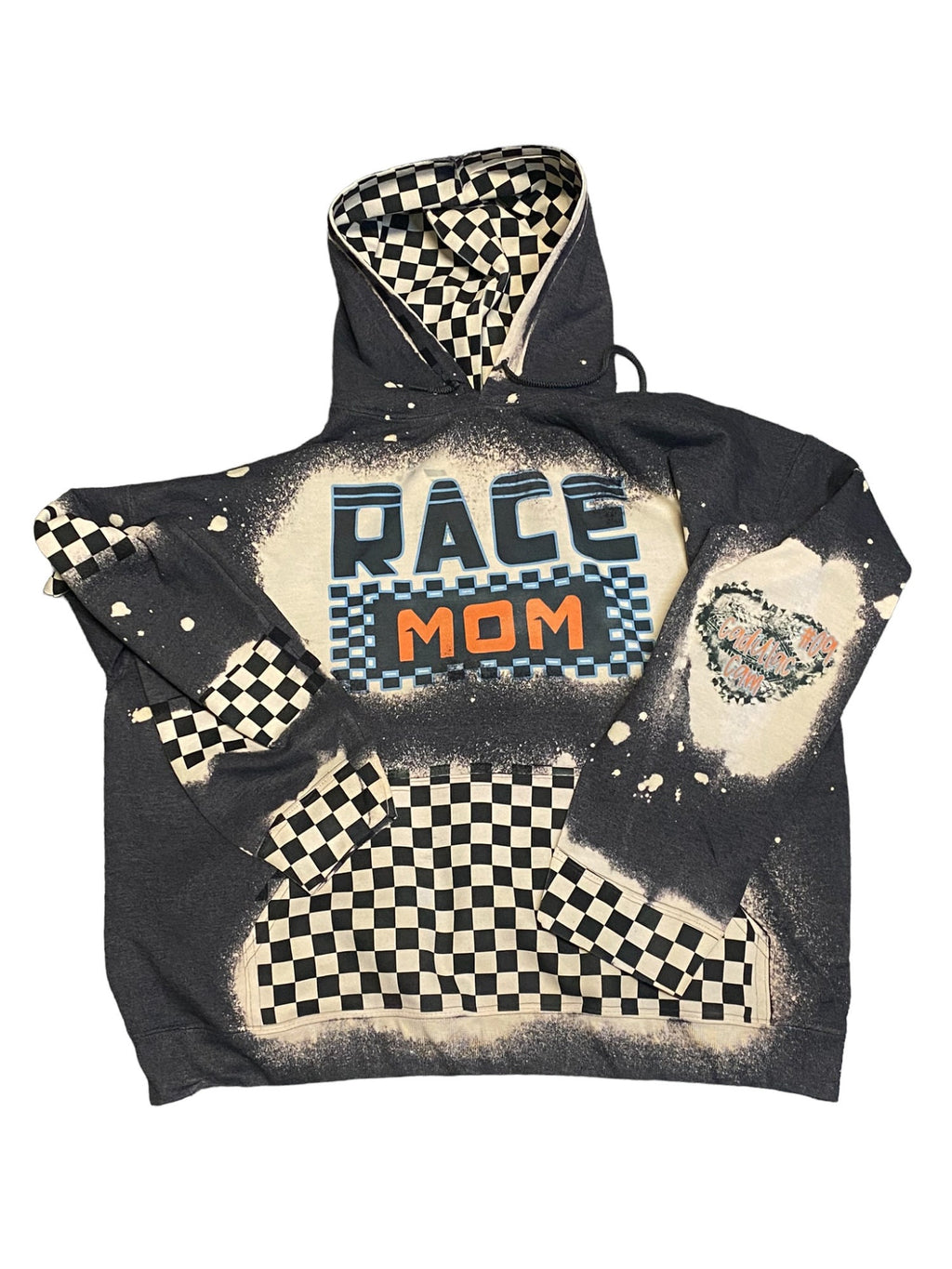 Race Mom Bleached Hoodie - Custom Color Racing hoodie Personalized number name - Car Truck Checkered Flag Dirt Track Motocross - Dirt Bike