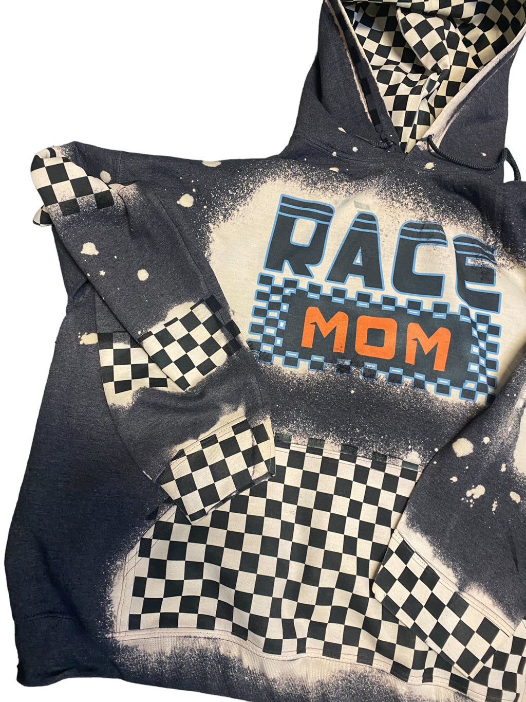 Race Mom Bleached Hoodie - Custom Color Racing hoodie Personalized number name - Car Truck Checkered Flag Dirt Track Motocross - Dirt Bike