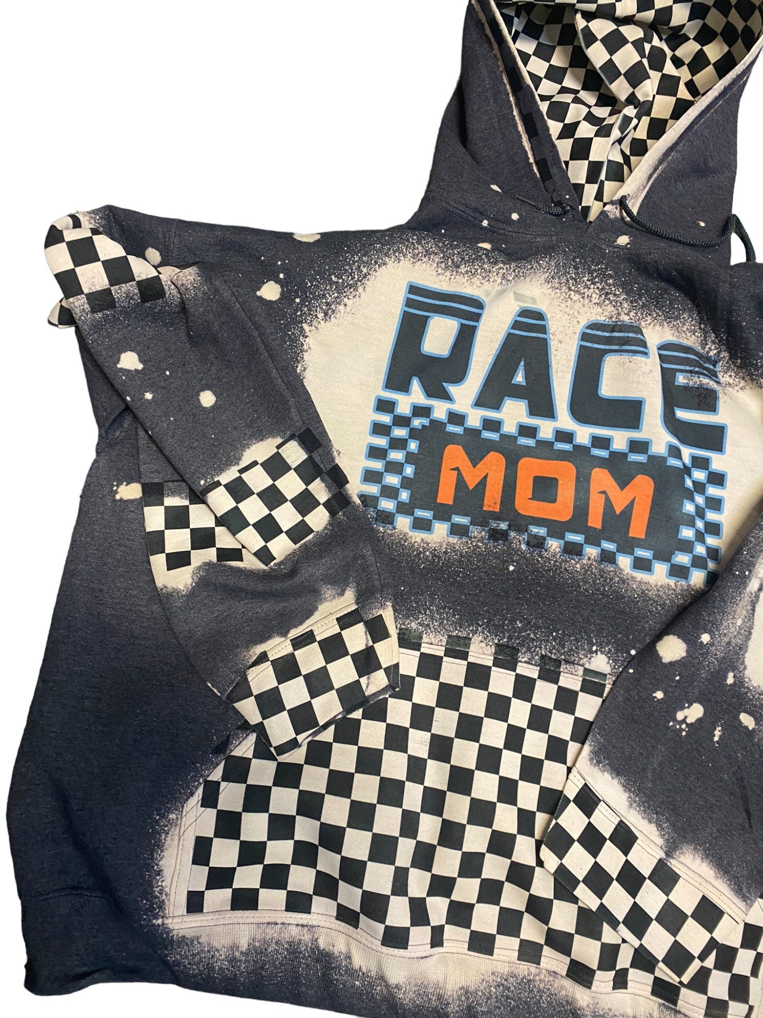 Race Mom Bleached Hoodie - Custom Color Racing hoodie Personalized number name - Car Truck Checkered Flag Dirt Track Motocross - Dirt Bike