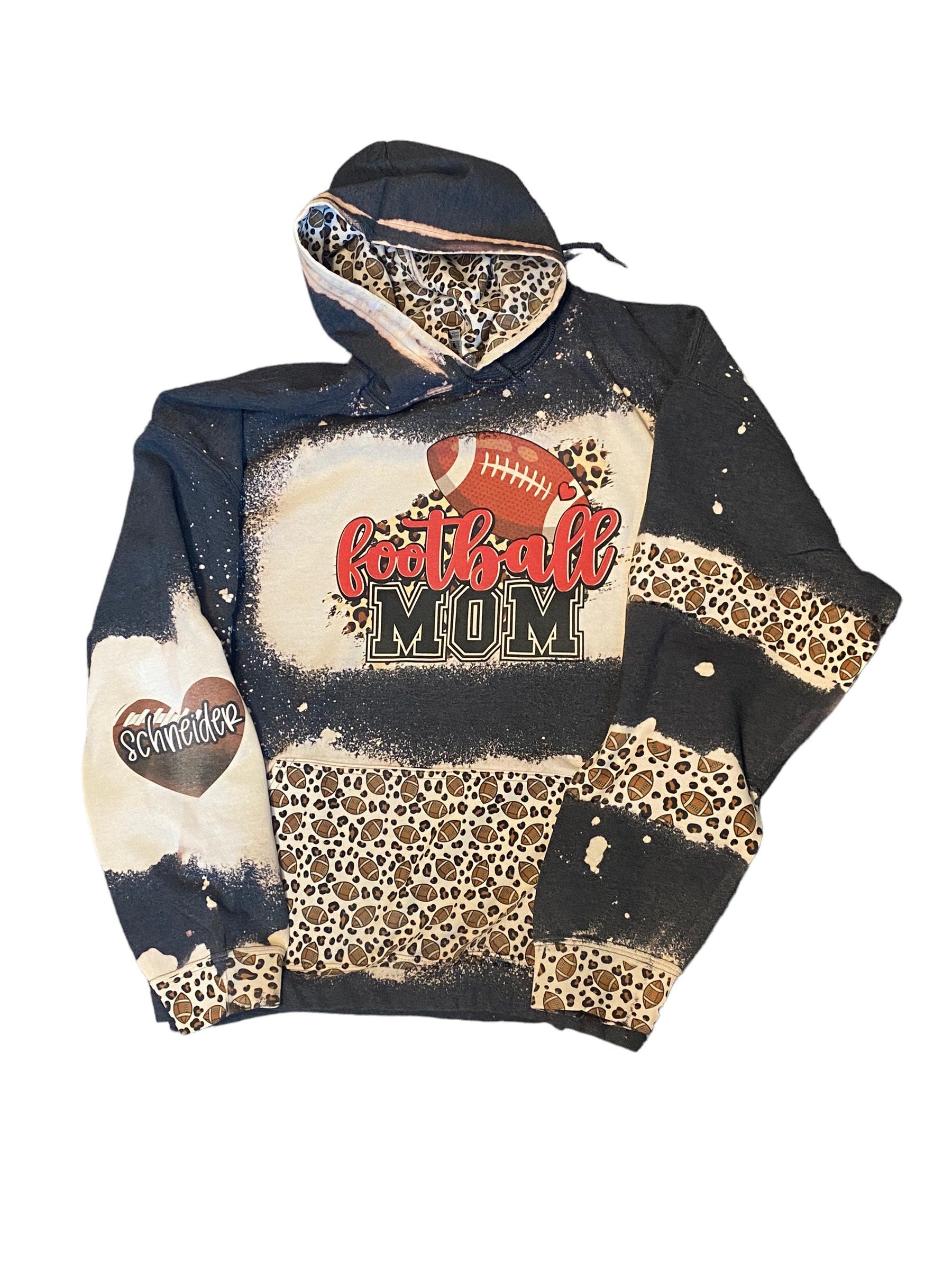 Football Mom Bleached Hoodie -  Custom Football eart with Names on Sleeve - Bleached Hoodie - Custom Hoodie - Football Shirt Sweatshirt