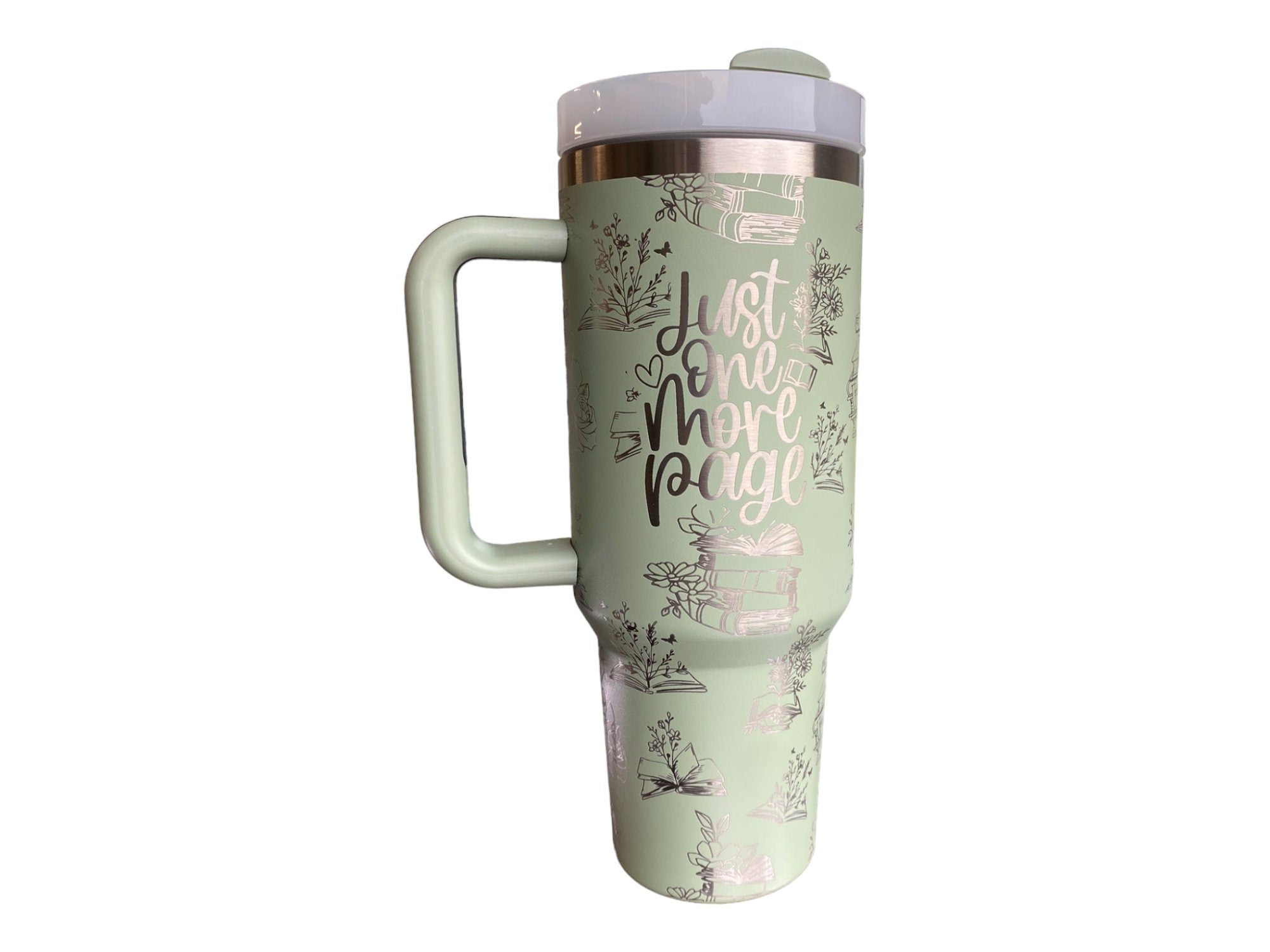 Just One More Page Engraved Cup - Custom Engraved Cup  - 40oz tumbler with handle -  Reading Theme Tumbler - Gift for Reader
