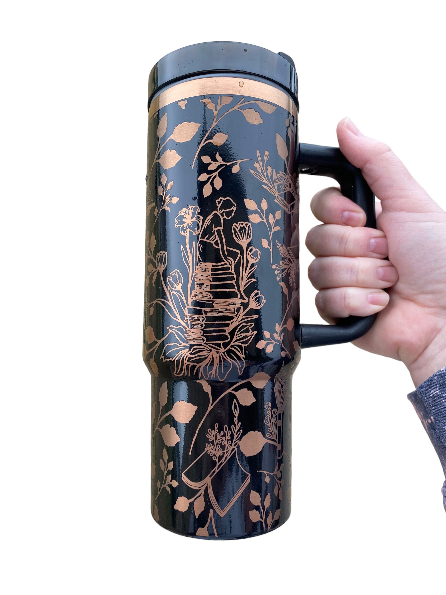 Books and Plants Tumbler - engraved Book tumbler - 30 oz tumbler with handle - Reading Tumbler - Read Books Water Plants Grow