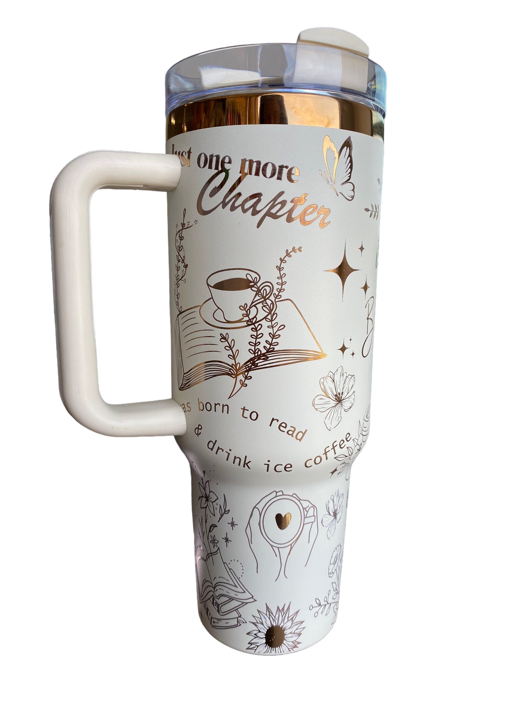 Books and Coffee Engraved Cup - I'm all Booked Custom Engraved Cup  - 40oz tumbler with handle -  Reading Theme Tumbler - Gift for Reader