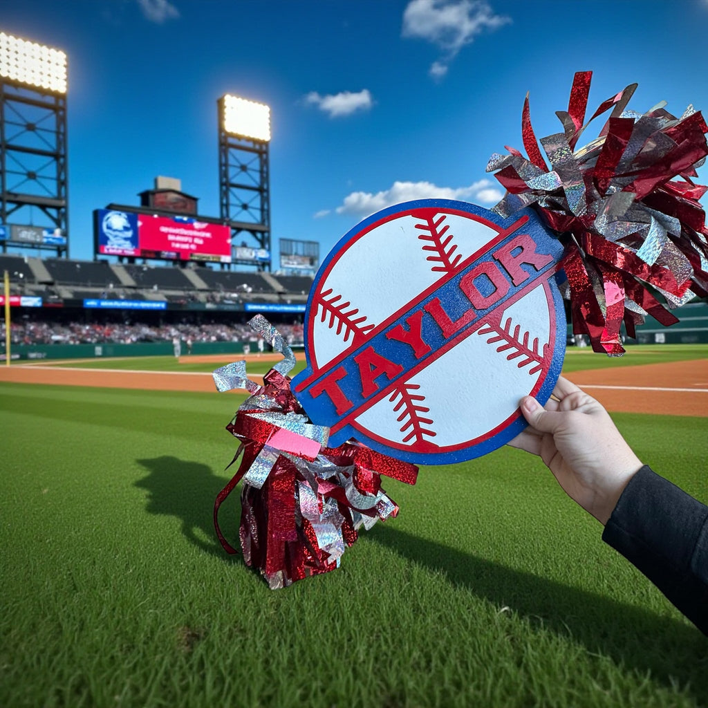Personalized Baseball Cheerstick | Custom Name Sports Noise Maker | Game Day Spirit Stick with Pom Poms | Baseball Fan Gift