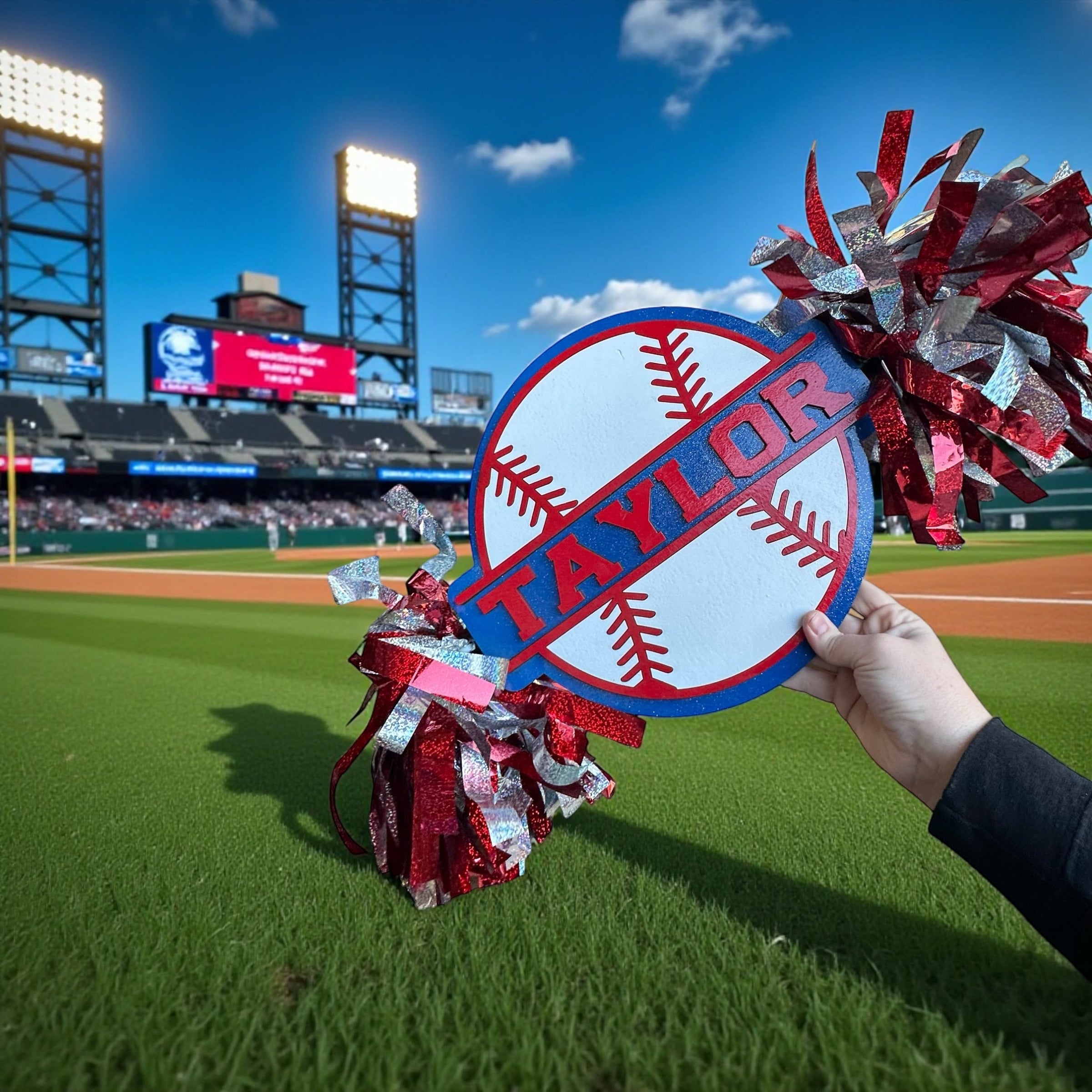 Personalized Baseball Cheerstick | Custom Name Sports Noise Maker | Game Day Spirit Stick with Pom Poms | Baseball Fan Gift