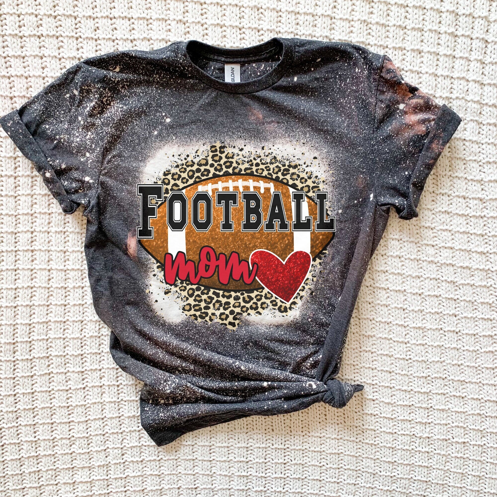 Football Mom Heart Shirt - Cheetah Helmet Football Shirt- Bleached Sports Shirt - Leopard Football Shirt - Football Shirt - Bleached Tee