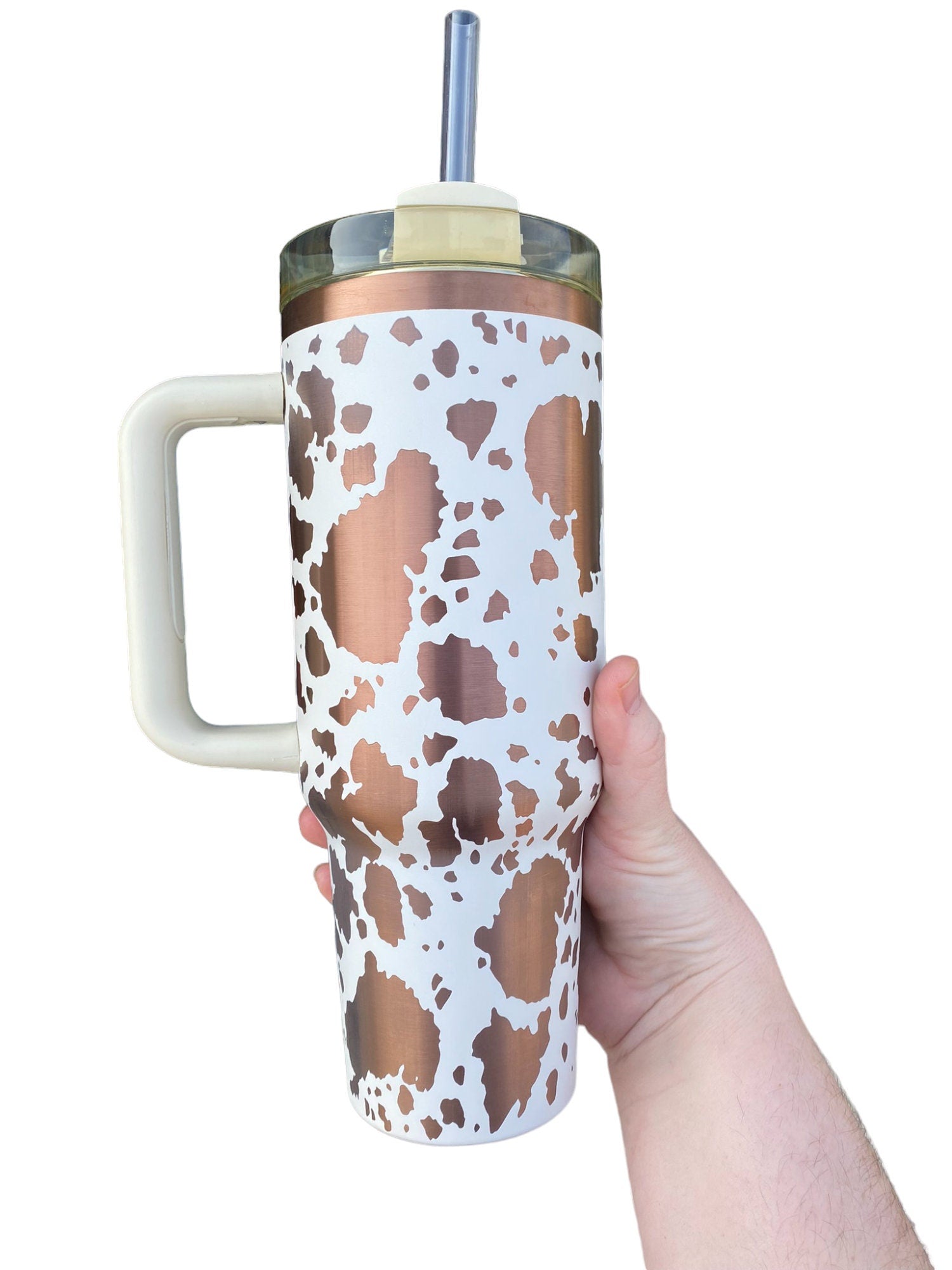 Cowhide Print Tumbler  - engraved Country Tumbler - 40oz tumbler with handle - Cow Print Tumbler - Copper Cream Longhorn Cow