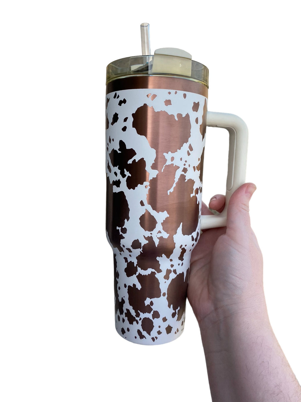 Cowhide Print Tumbler  - engraved Country Tumbler - 40oz tumbler with handle - Cow Print Tumbler - Copper Cream Longhorn Cow