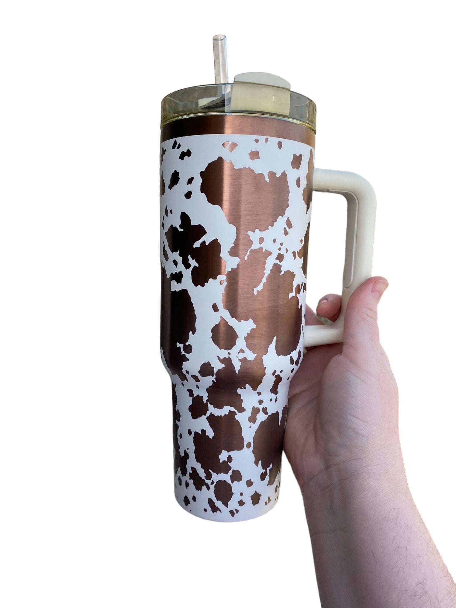 Cowhide Print Tumbler  - engraved Country Tumbler - 40oz tumbler with handle - Cow Print Tumbler - Copper Cream Longhorn Cow