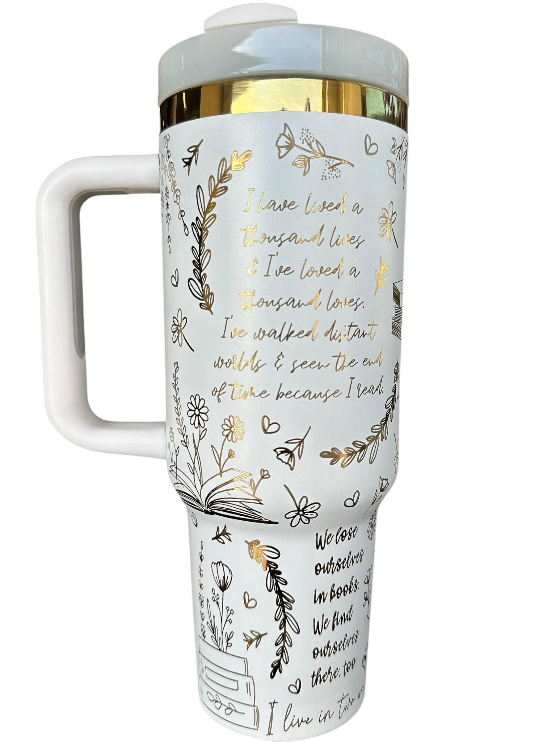 I have Lived 1000 lives Because I Have Read Tumbler - Pretty Reader Tumbler -  Engraved Cup   40oz tumbler with handle - Book Theme