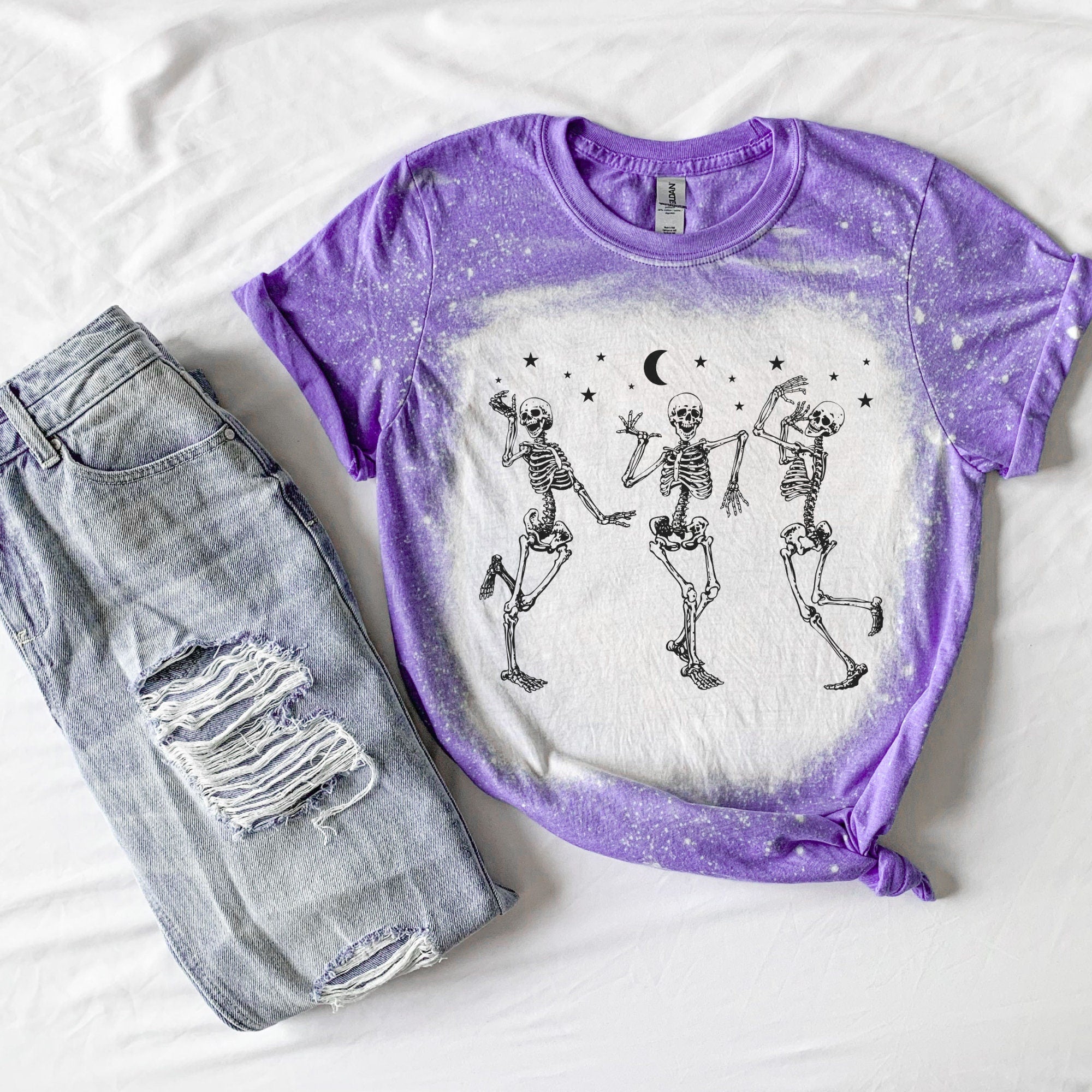 Dancing Skeletons Shirt - Halloween Skelli Shirt - Skeleton Shirt - Grim Reaper Shirt- bleached T-shirt - Fall shirt - Halloween shirt
