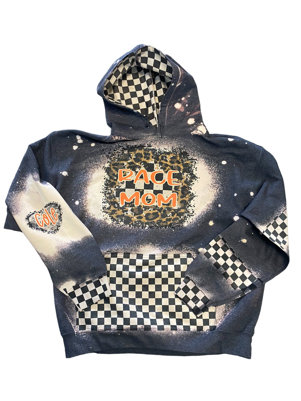 Leopard Race Mom Bleached Hoodie - Custom Color Racing hoodie Personalized number name - Car Checkered Flag Dirt Track Motocross - Dirt Bike