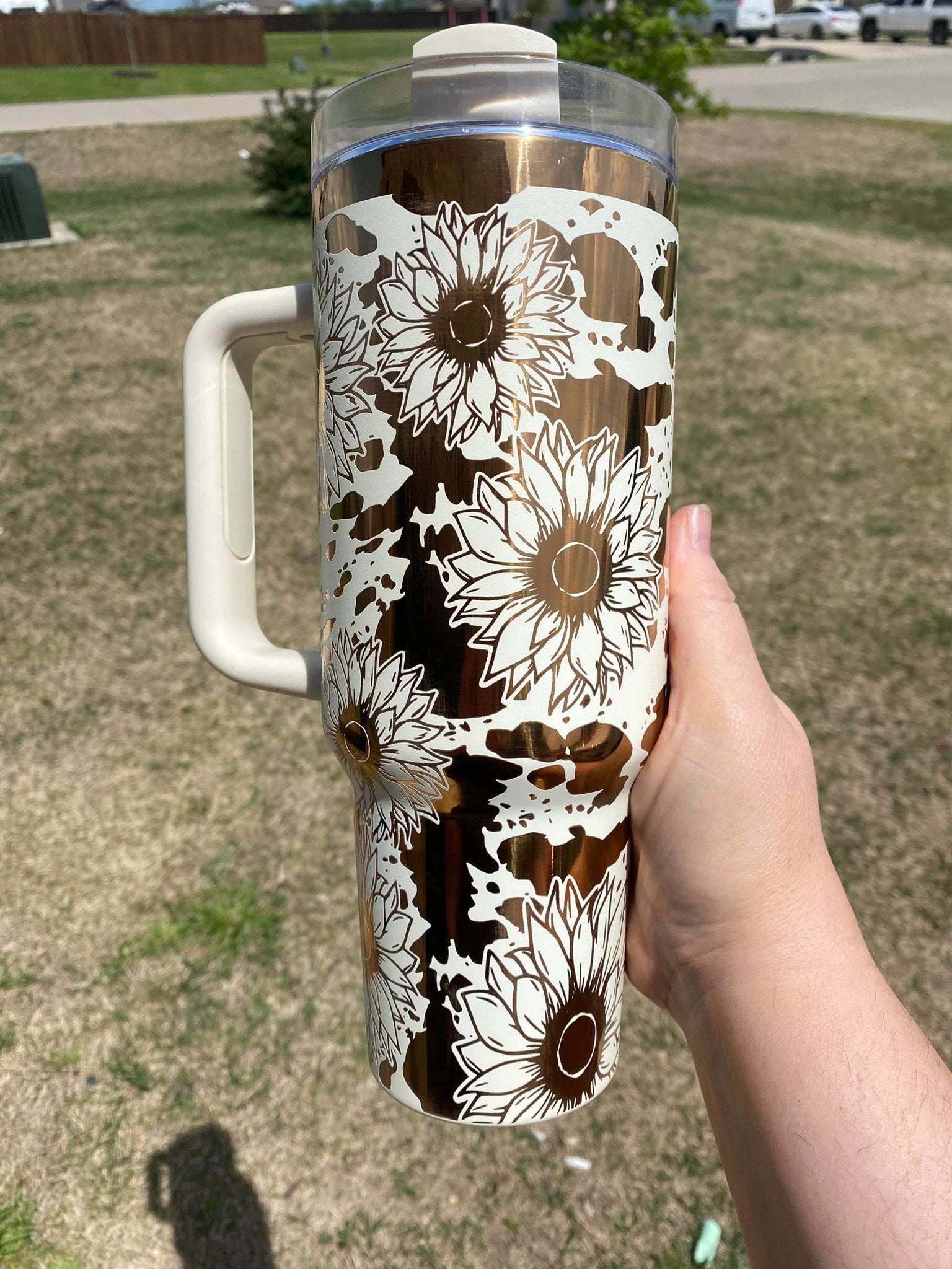 Sunflowers and Cowhide Engraved Tumbler  - engraved Country Tumbler - 40oz tumbler with handle Custom Tumbler - Copper& Cream Floral Tumbler