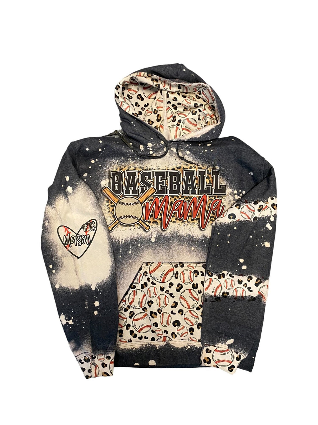 Baseball Mama Bleached Hoodie -  Custom baseball Heart with Names on Sleeve - Bleached Hoodie - Custom Hoodie - Baseball Shirt Sweatshirt