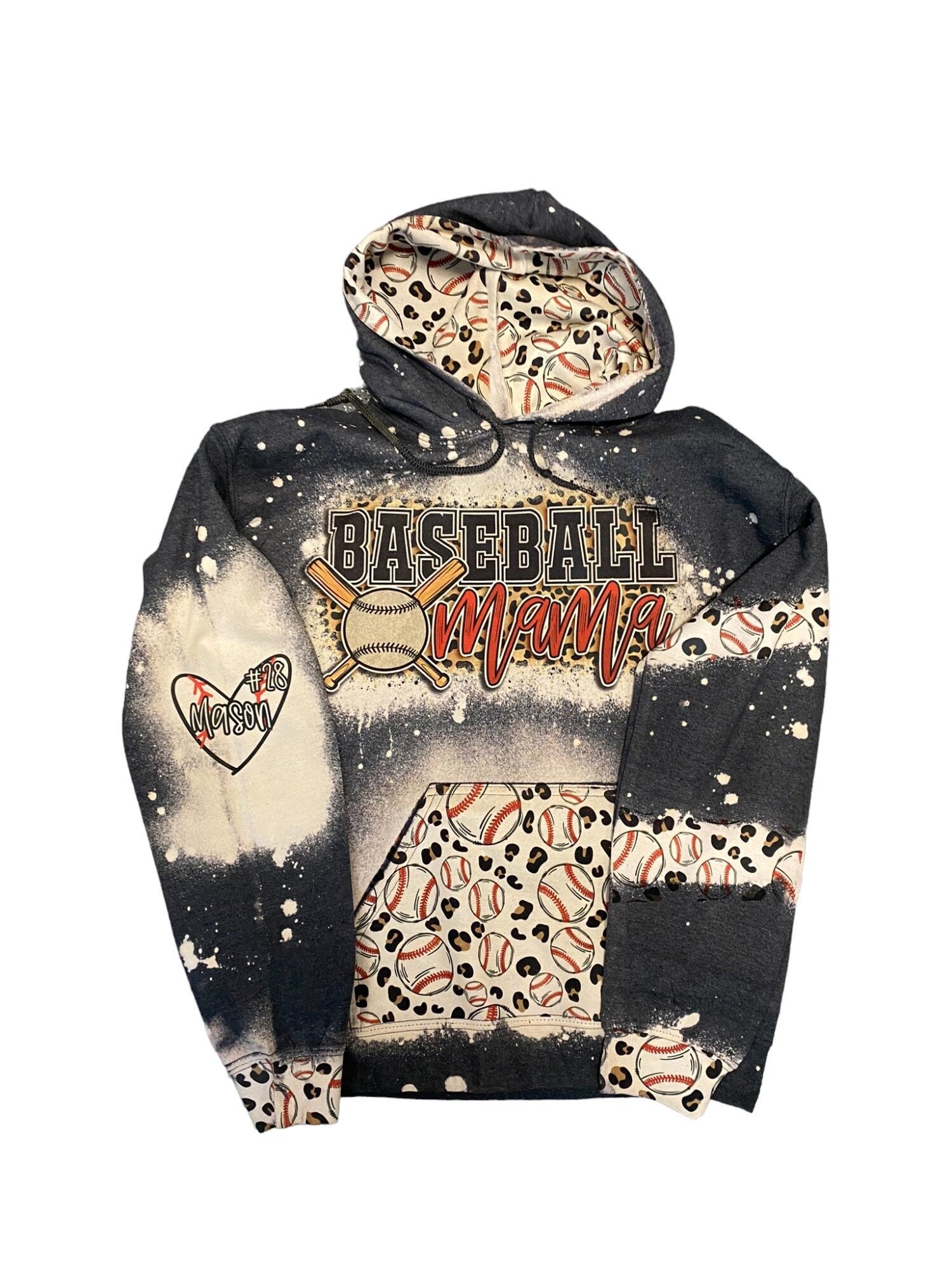 Baseball Mama Bleached Hoodie -  Custom baseball Heart with Names on Sleeve - Bleached Hoodie - Custom Hoodie - Baseball Shirt Sweatshirt