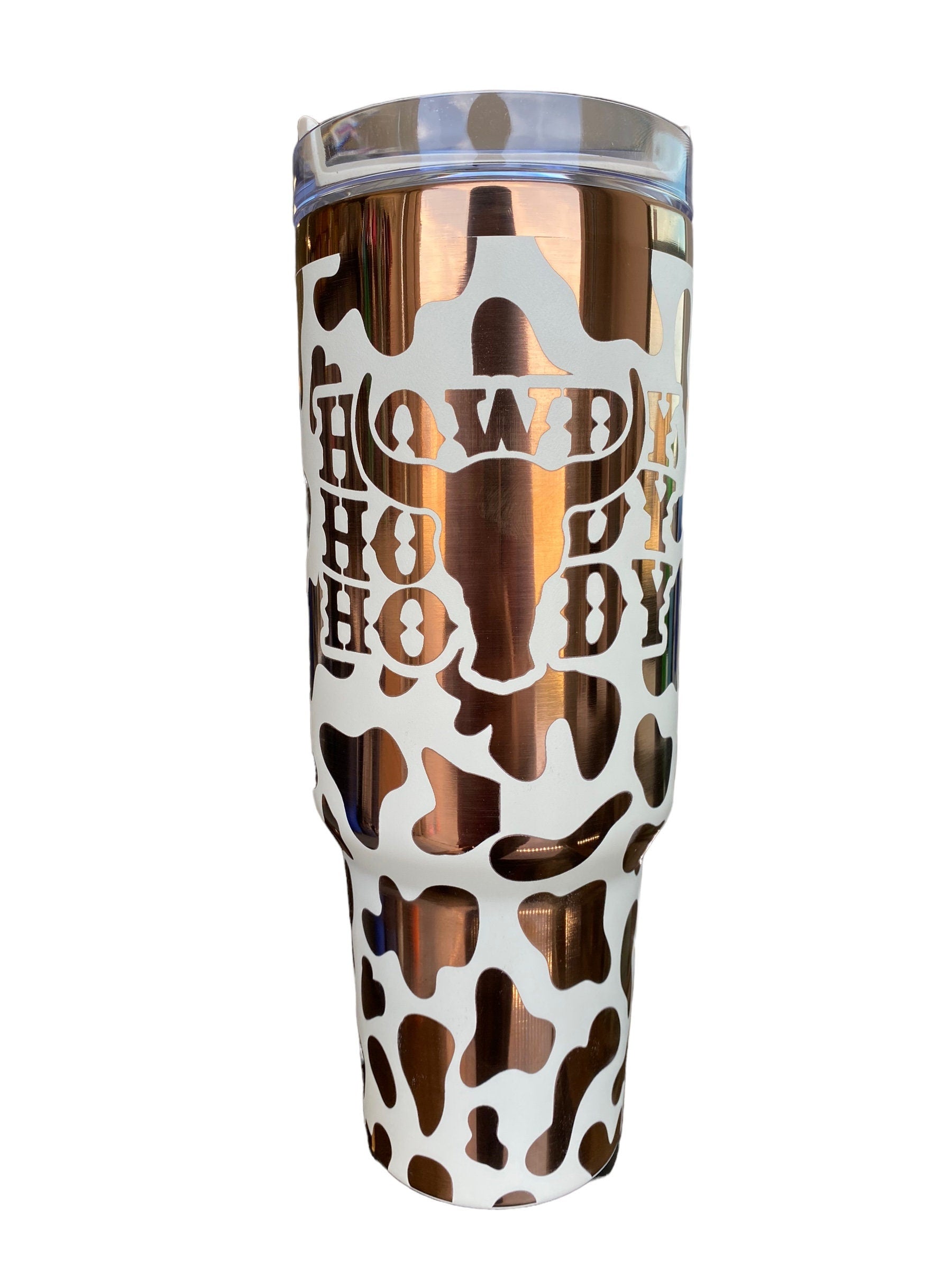 Howdy Tumbler  - Cowhide engraved Country Tumbler - 40oz tumbler with handle - Cow Print Tumbler - Copper Cream Longhorn Cow