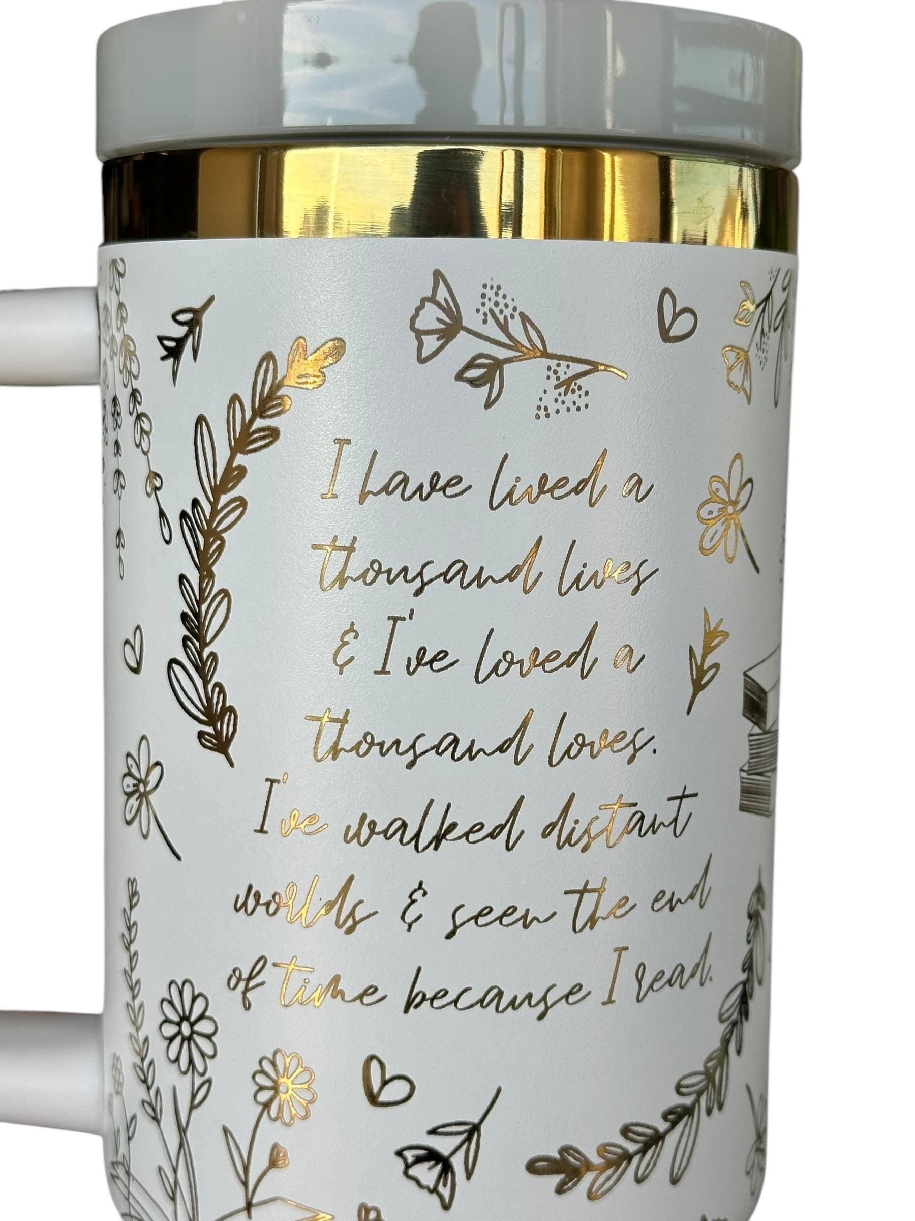 I have Lived 1000 lives Because I Have Read Tumbler - Pretty Reader Tumbler -  Engraved Cup   40oz tumbler with handle - Book Theme
