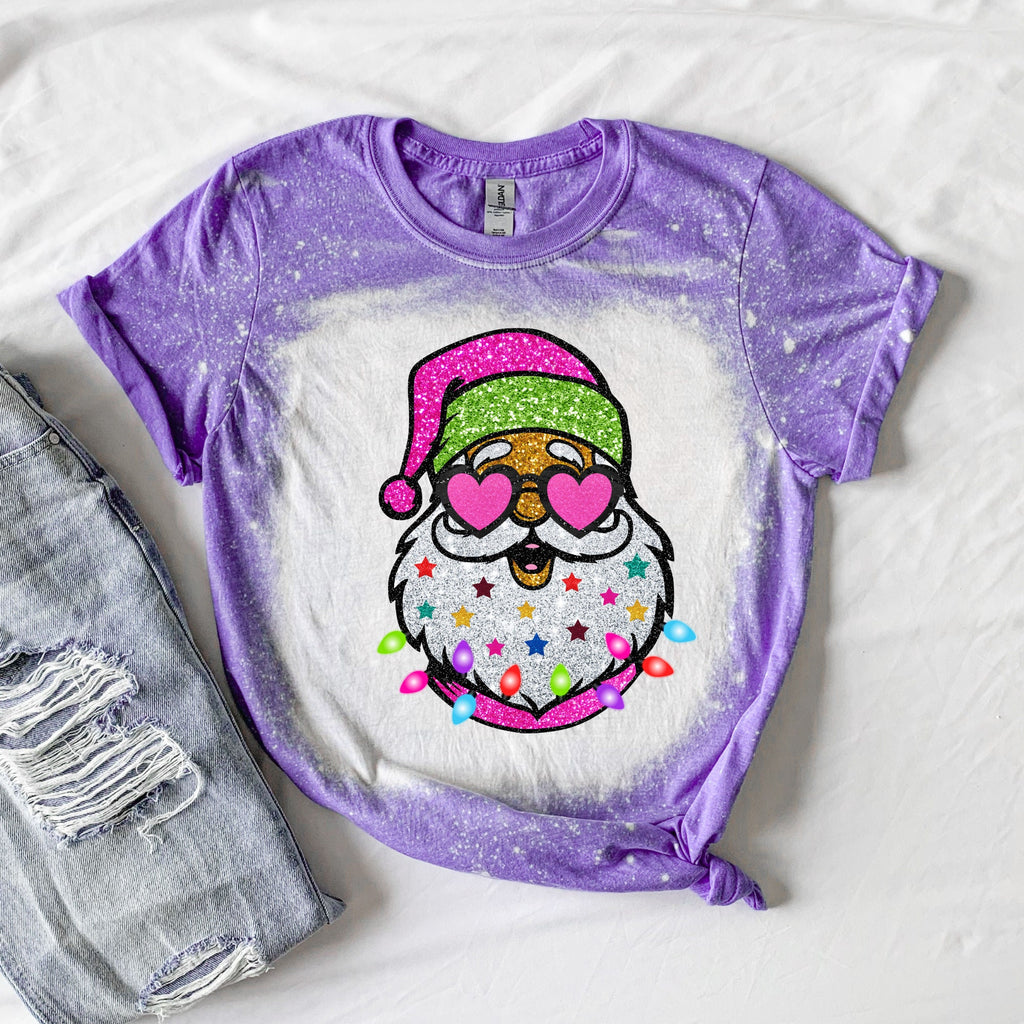 Neon Santa Shirt - Leopard Print Sleeves - Trendy Santa Shirt - Bleached santa tshirt - Pink Santa Shirt - Pink Christmas Shirt