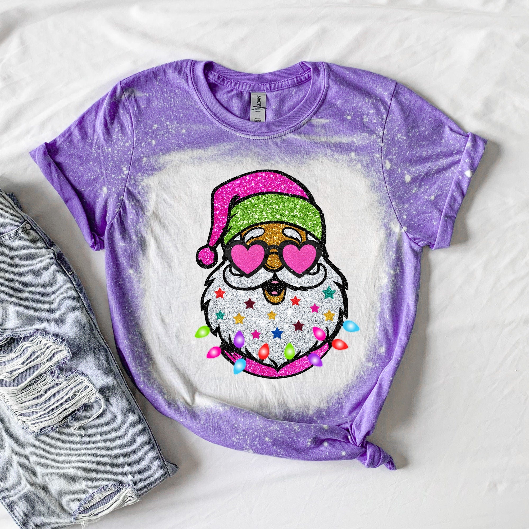 Neon Santa Shirt - Leopard Print Sleeves - Trendy Santa Shirt - Bleached santa tshirt - Pink Santa Shirt - Pink Christmas Shirt