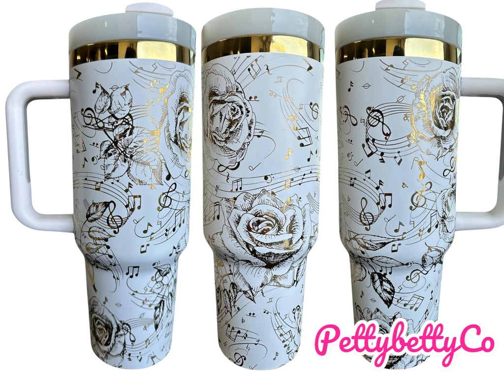 Music Tumbler - 40oz tumbler, Music Note Engraved Tumbler- Musician- Song Writer Pianist Floral tumbler, Flower tumbler, Custom 40oz tumbler