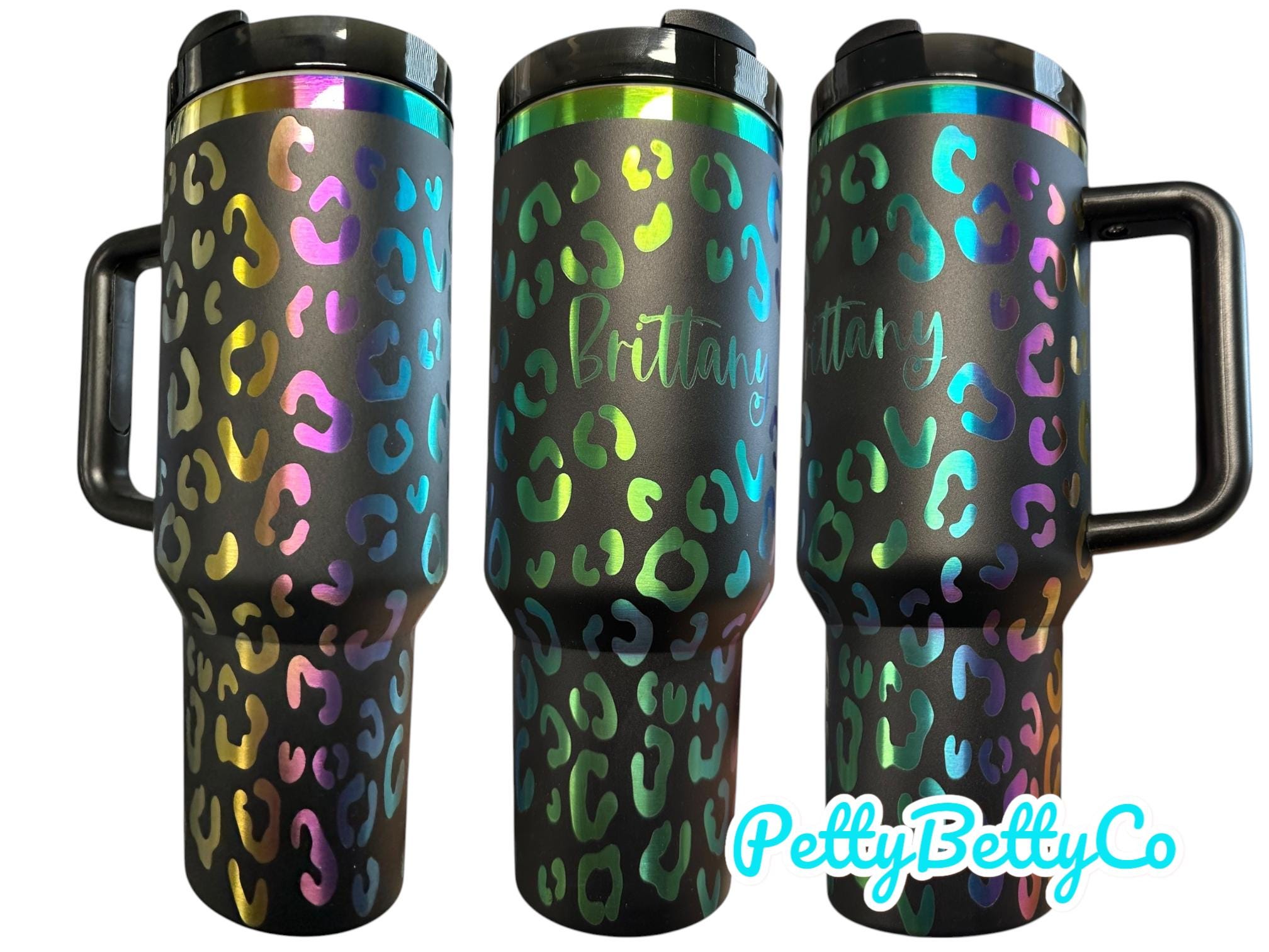 Personalized Holographic Cheetah Print Tumbler | Custom Name Rainbow Leopard Cup | Laser Engraved Travel Mug with Handle | Gift for Her