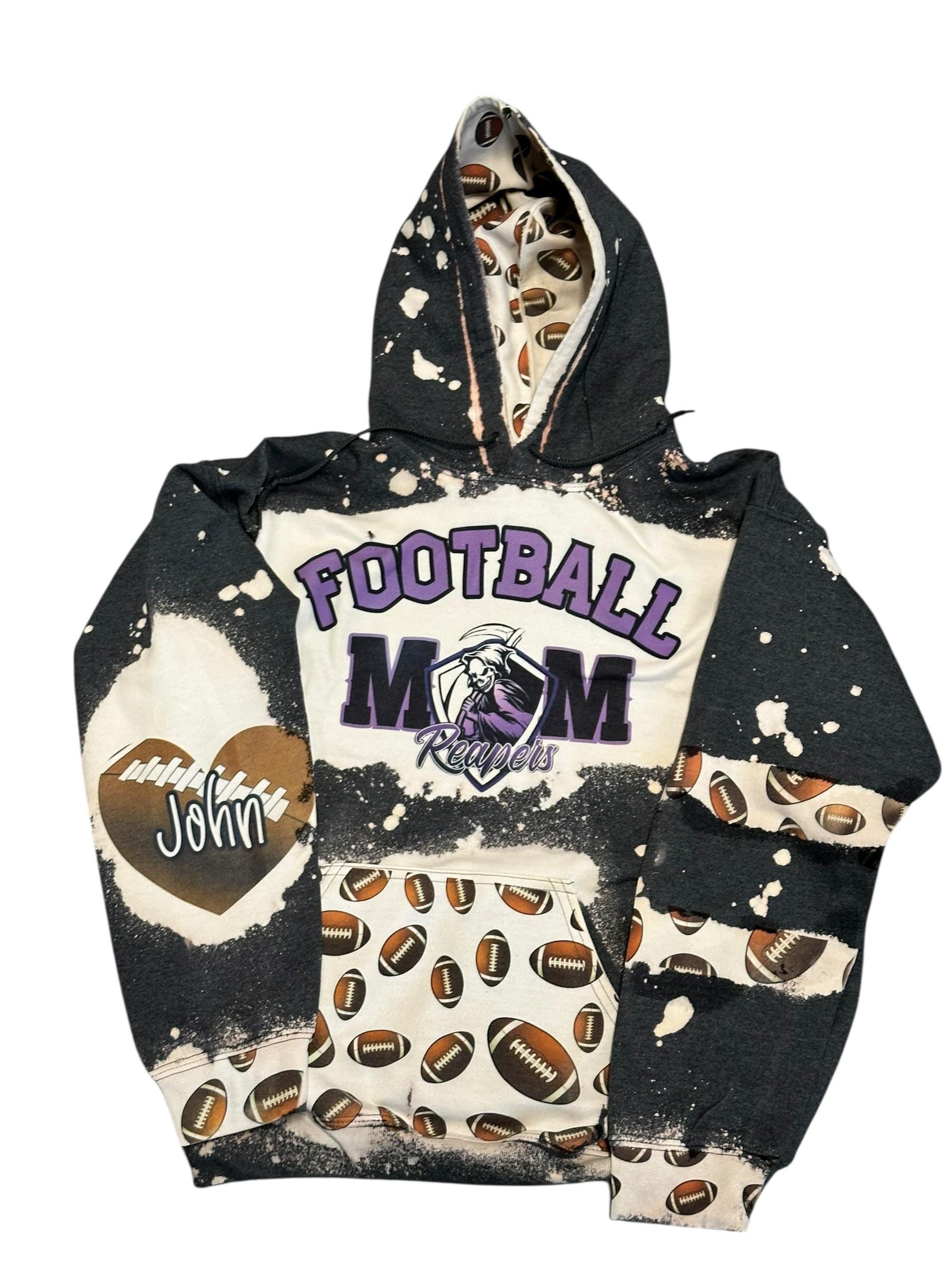 Custom Football Mom Bleached Hoodie | Personalized Team Spirit Sweatshirt | Football Heart Sleeve | Sports Mom Gift | Team Colors Hoodie