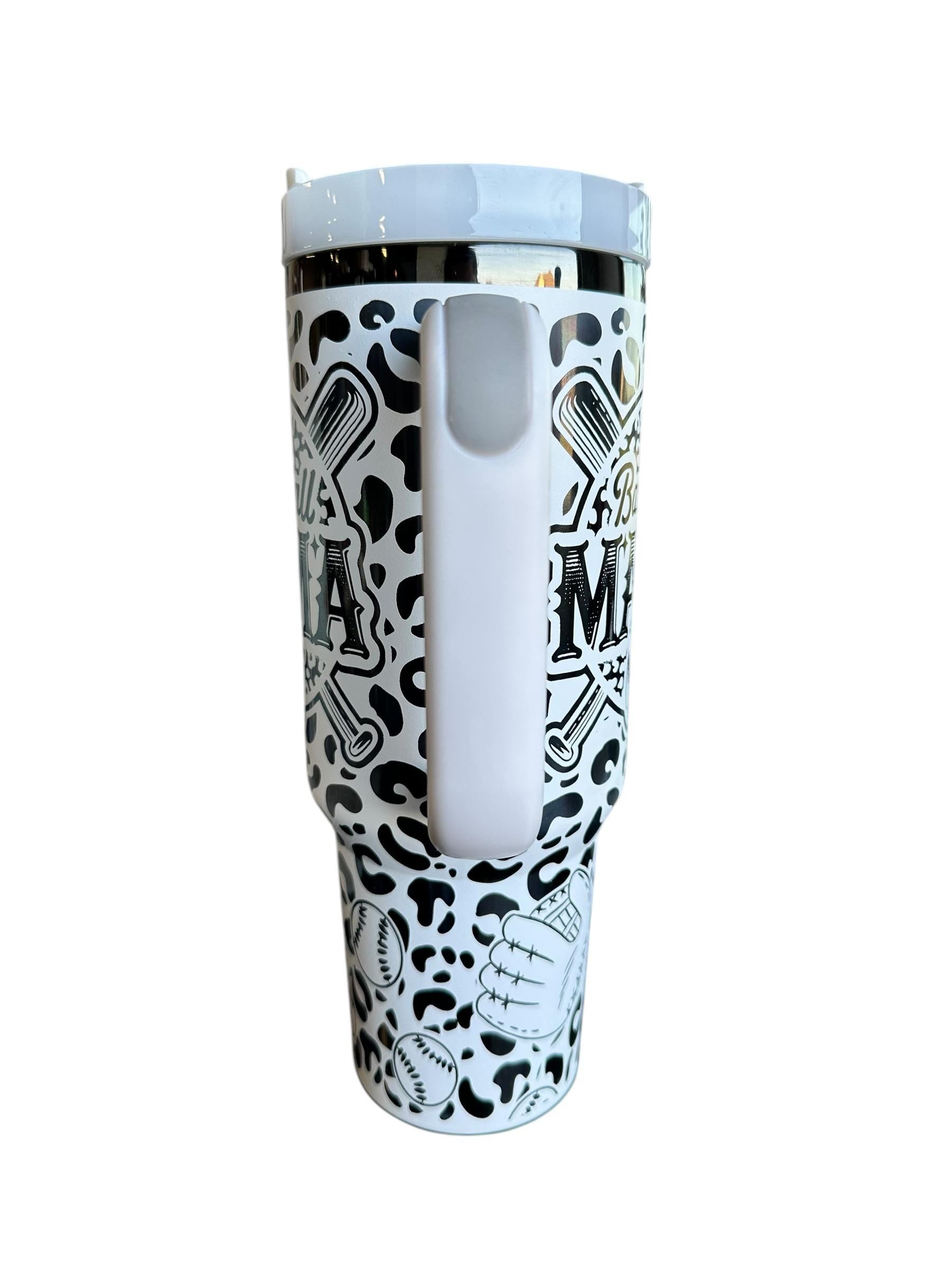 Baseball Mama engraved Tumbler - Leopard Baseball Cup - Cute Baseball Stand Accessory - 40oz tumbler with handle - Baseball Life