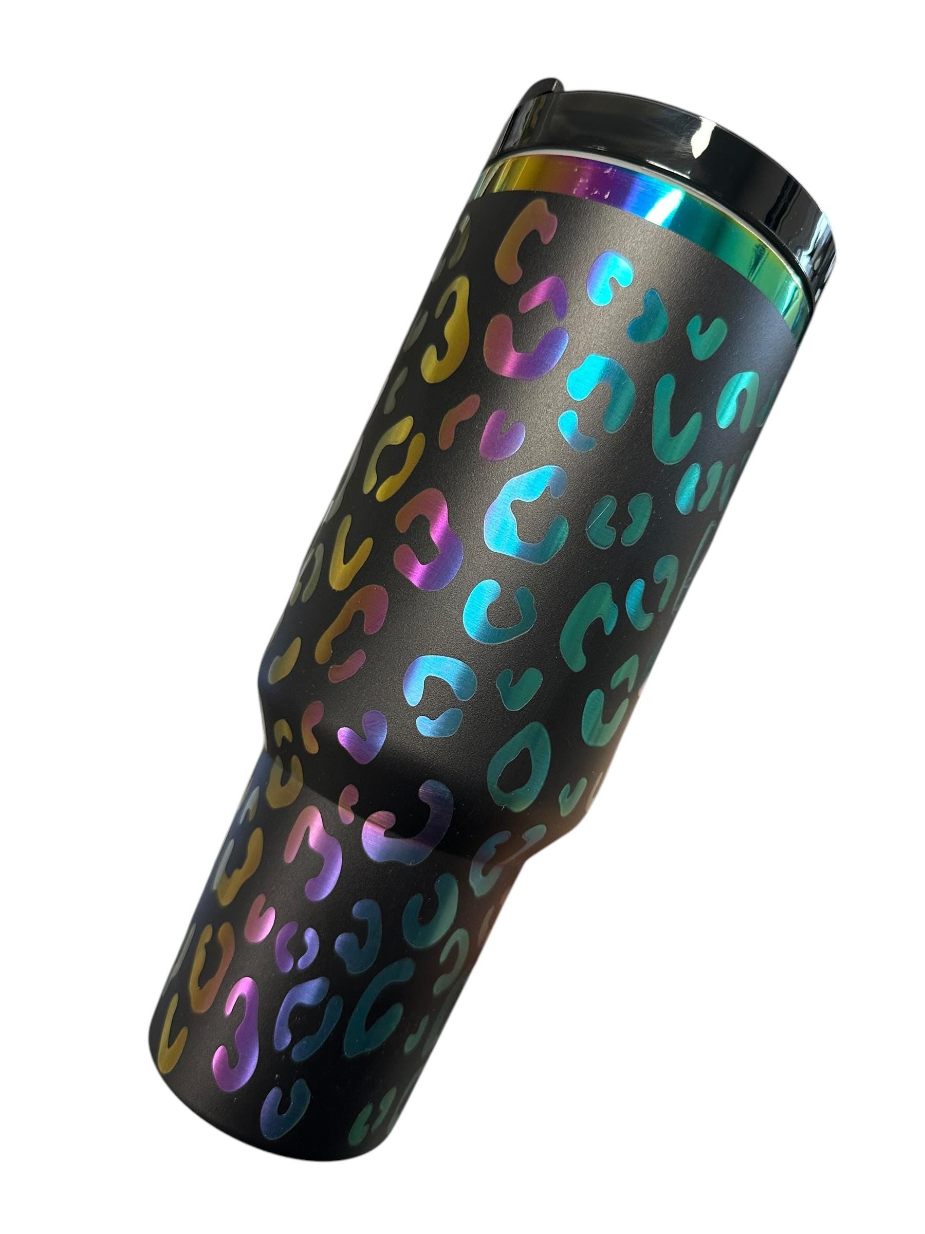 Personalized Holographic Cheetah Print Tumbler | Custom Name Rainbow Leopard Cup | Laser Engraved Travel Mug with Handle | Gift for Her