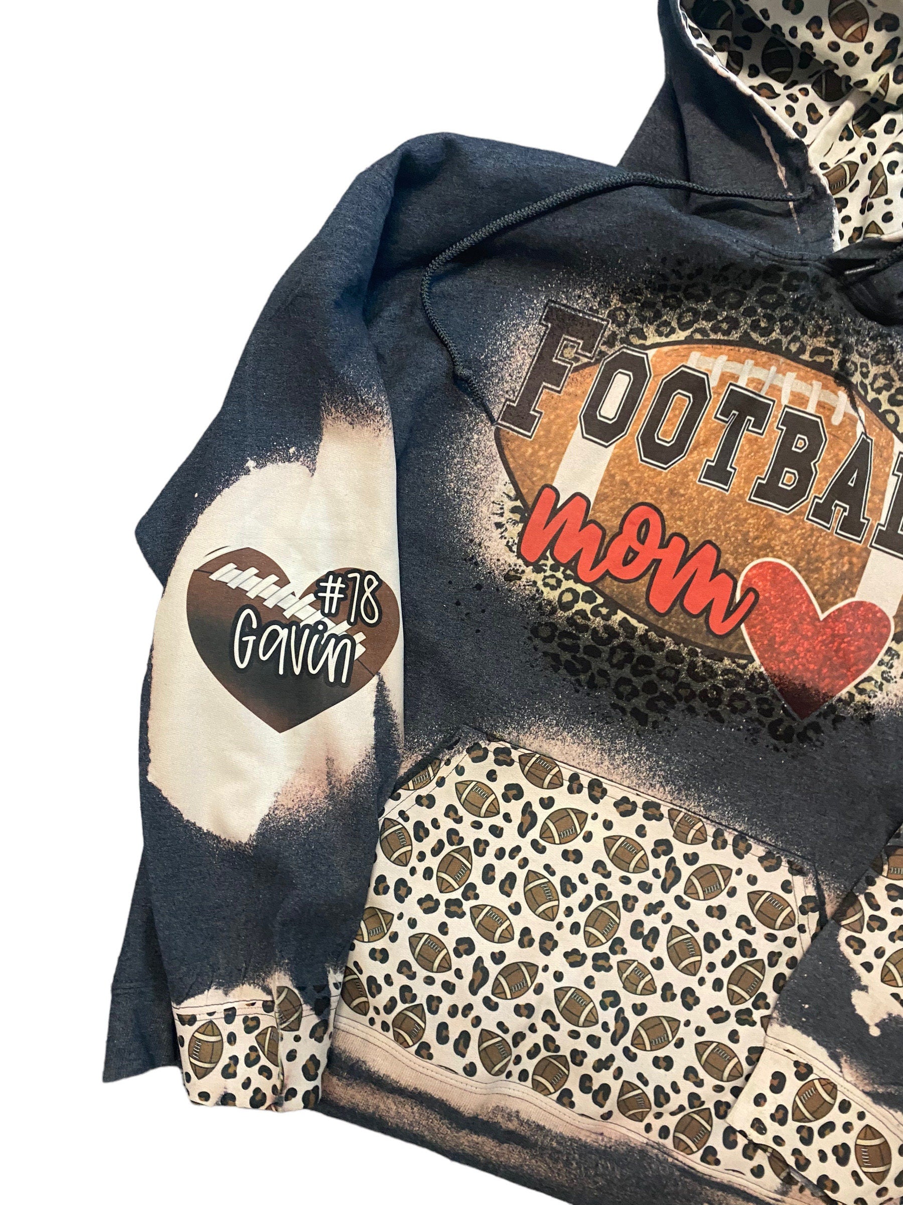 Football Mom Bleached Hoodie -  Custom Football eart with Names on Sleeve - Bleached Hoodie - Custom Hoodie - Football Shirt Sweatshirt