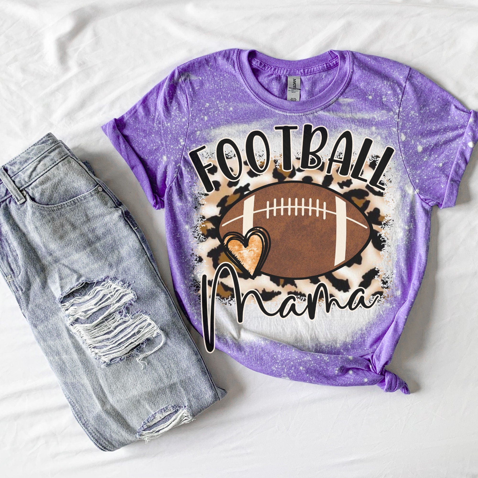 Football mama Heart Shirt - Cheetah Helmet Football Shirt- Bleached Sports Shirt - Leopard Football Shirt - Football Shirt - Bleached Tee