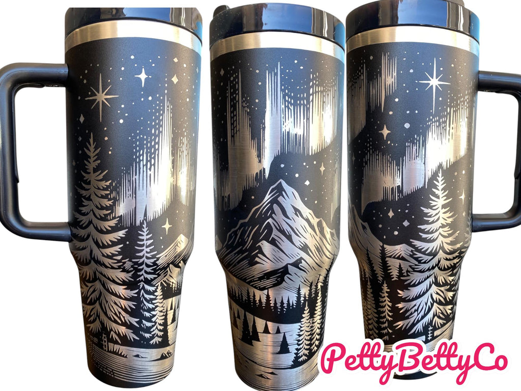 Northern Lights Tumbler - Northern Lights 40oz Iridescent Tumbler Mountain theme -Laser Engraved, Rainbow Plated - Multicolor