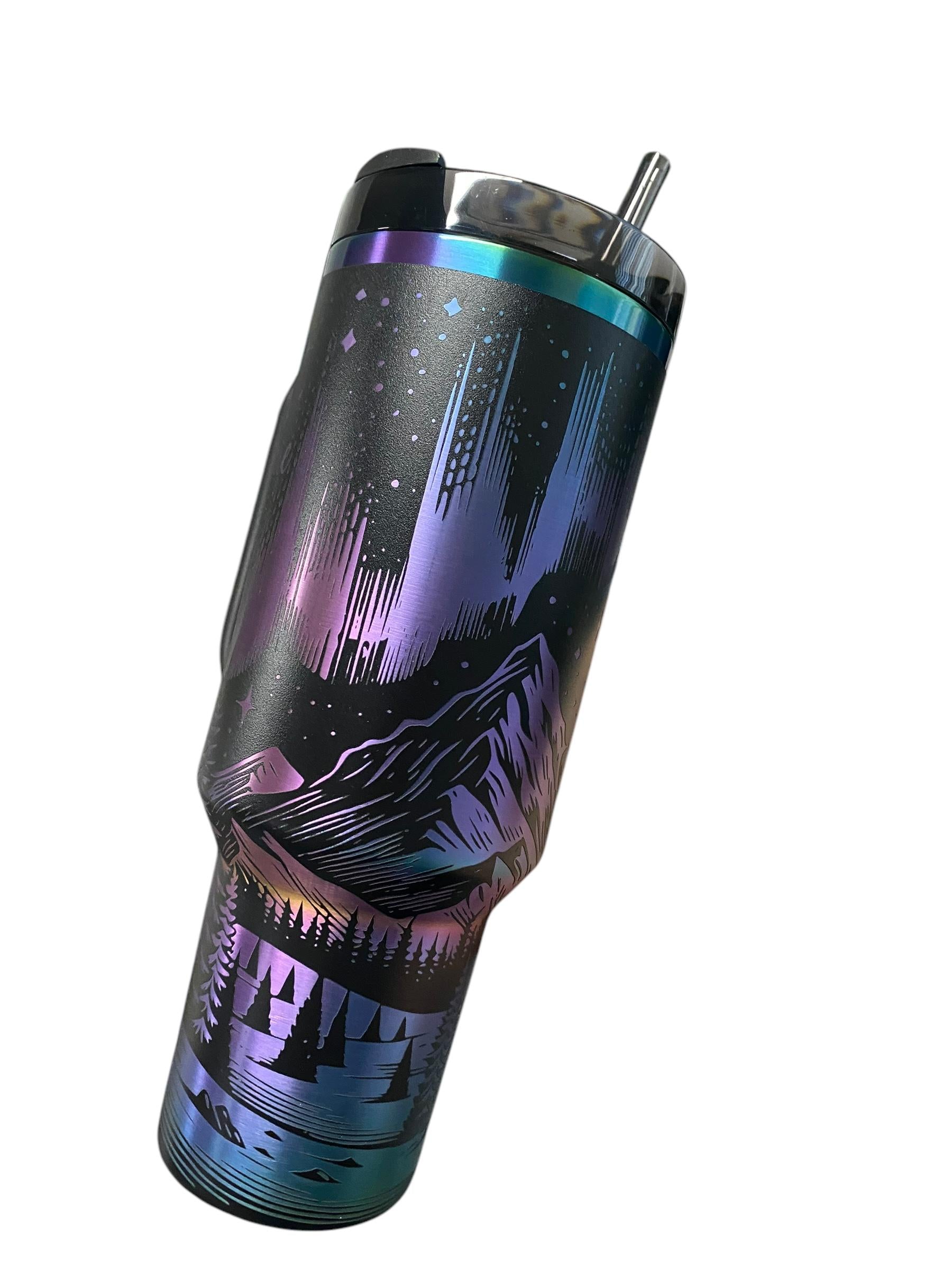 Northern Lights Stanley Chroma Tumbler - Northern Lights 40oz Iridescent Tumbler Mountain theme -Laser Engraved, Rainbow Plated - Multicolor