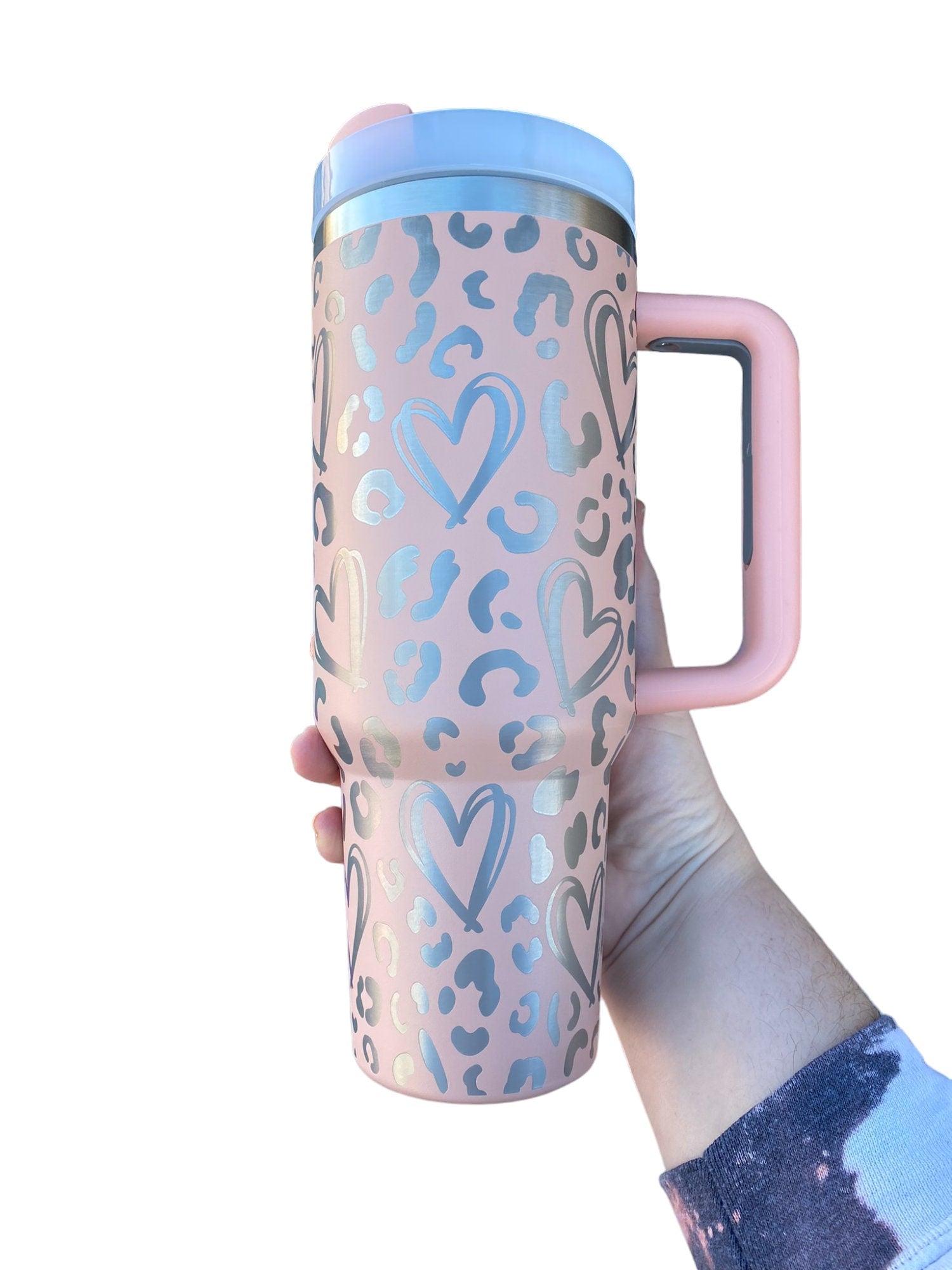 Leopard Hearts Cup - Pink Cheetah Heart Cup - Cute Hearts Tumbler - Valentine Gift - 40oz tumbler with handle
