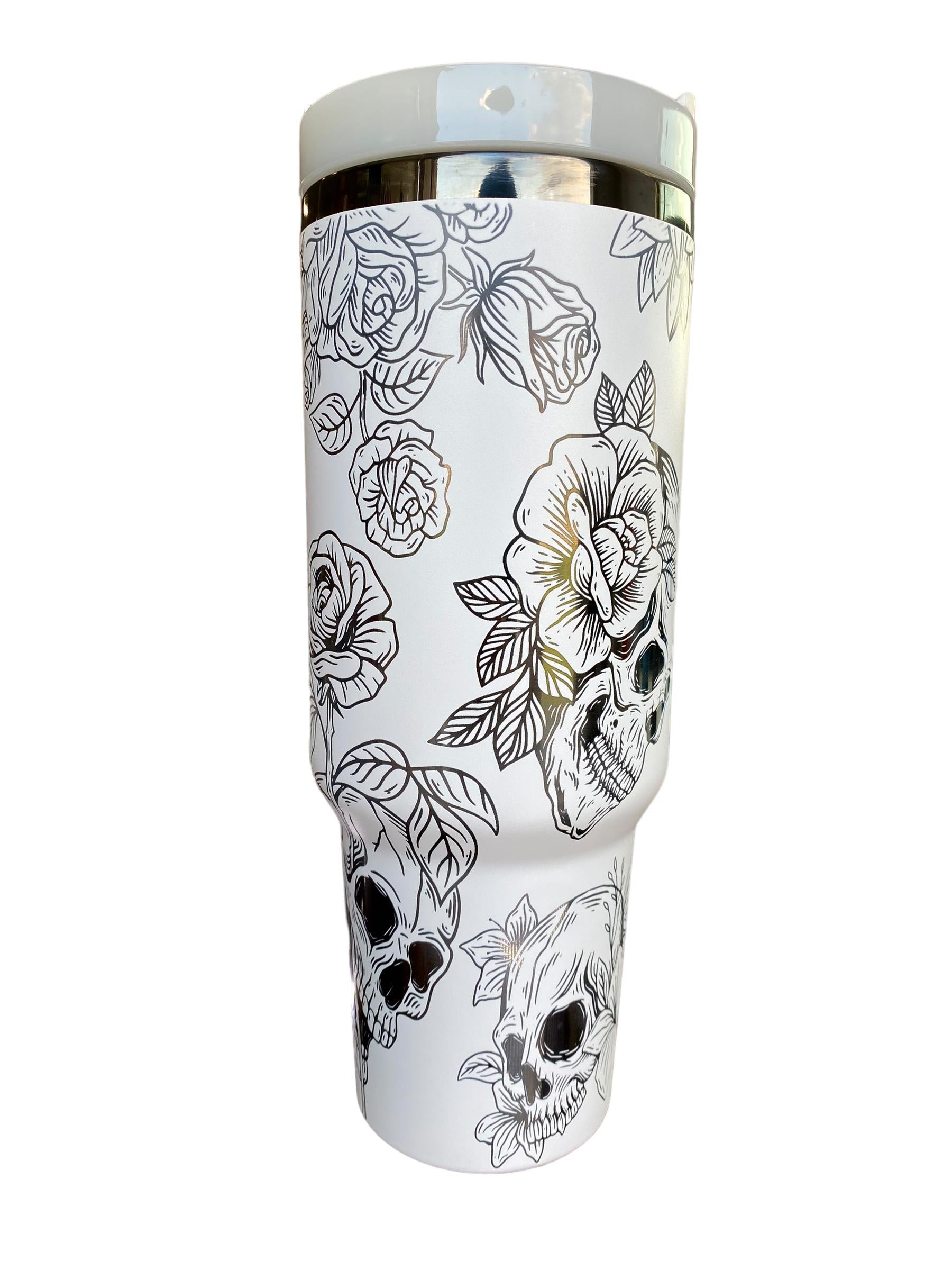 Skulls and Roses Engraved tumbler - Spooky Season Tumbler - Halloween Tumbler - 40oz Engraved Tumbler - Halloween Cup - Skeleton Tumbler