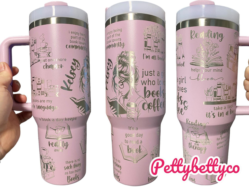 Just a Girl Who Loves Books Engraved Cup - Book Community Custom Engraved Cup  - 40oz tumbler with handle - Reading Theme Tumbler